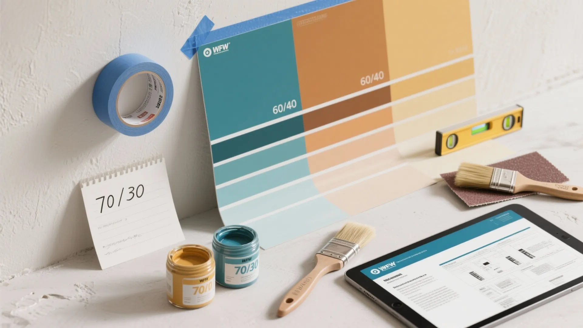 Interior design tools including color swatches paint cans brushes tape and a tablet on desk