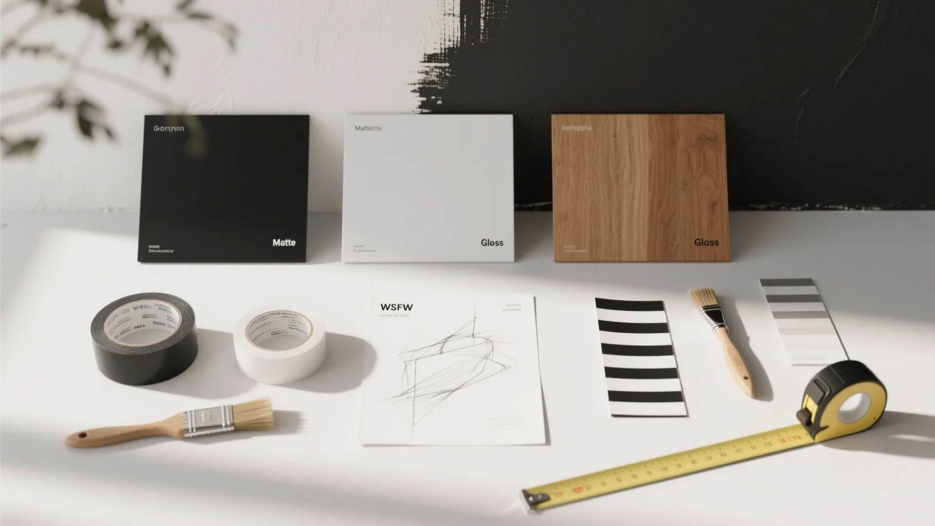 Top-down flatlay of paint swatches, sample panels, masking tape and brushes for black-and-white wall planning.