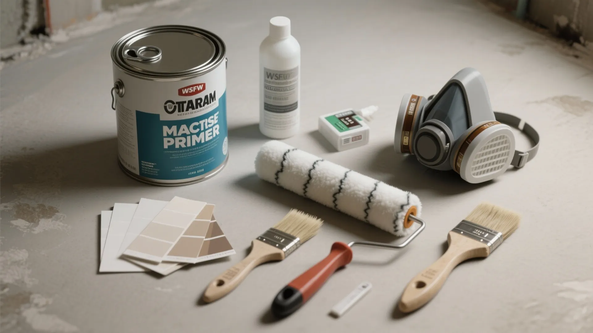 Flatlay of masonry primer, waterproof sealer, paint swatches, brushes, respirator, and lead test kit.
