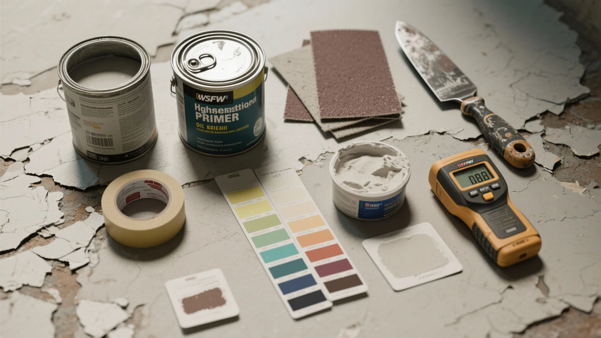 Interior renovation tools including paint cans sandpaper putty knife tape and color swatches on floor