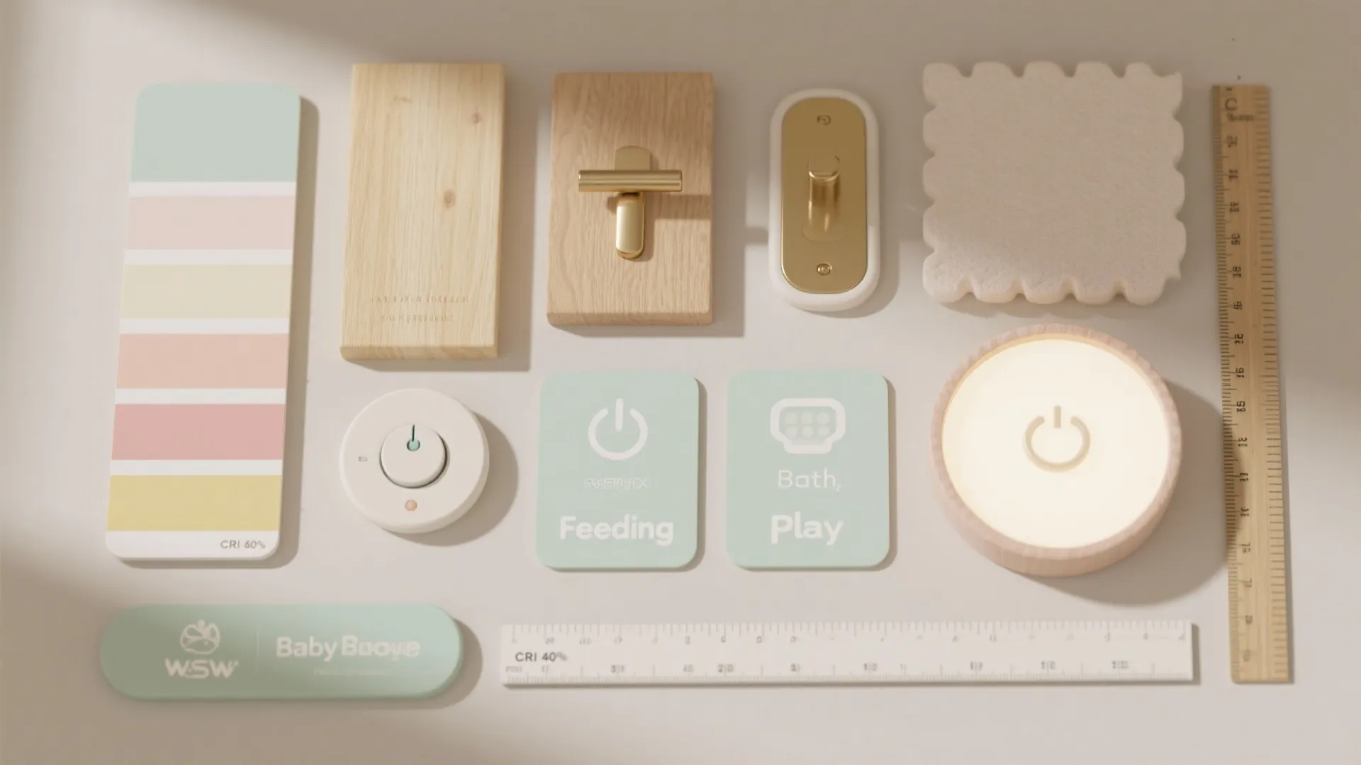 Flatlay of design materials featuring pastel color palette wood samples gold light switches and wooden rulers
