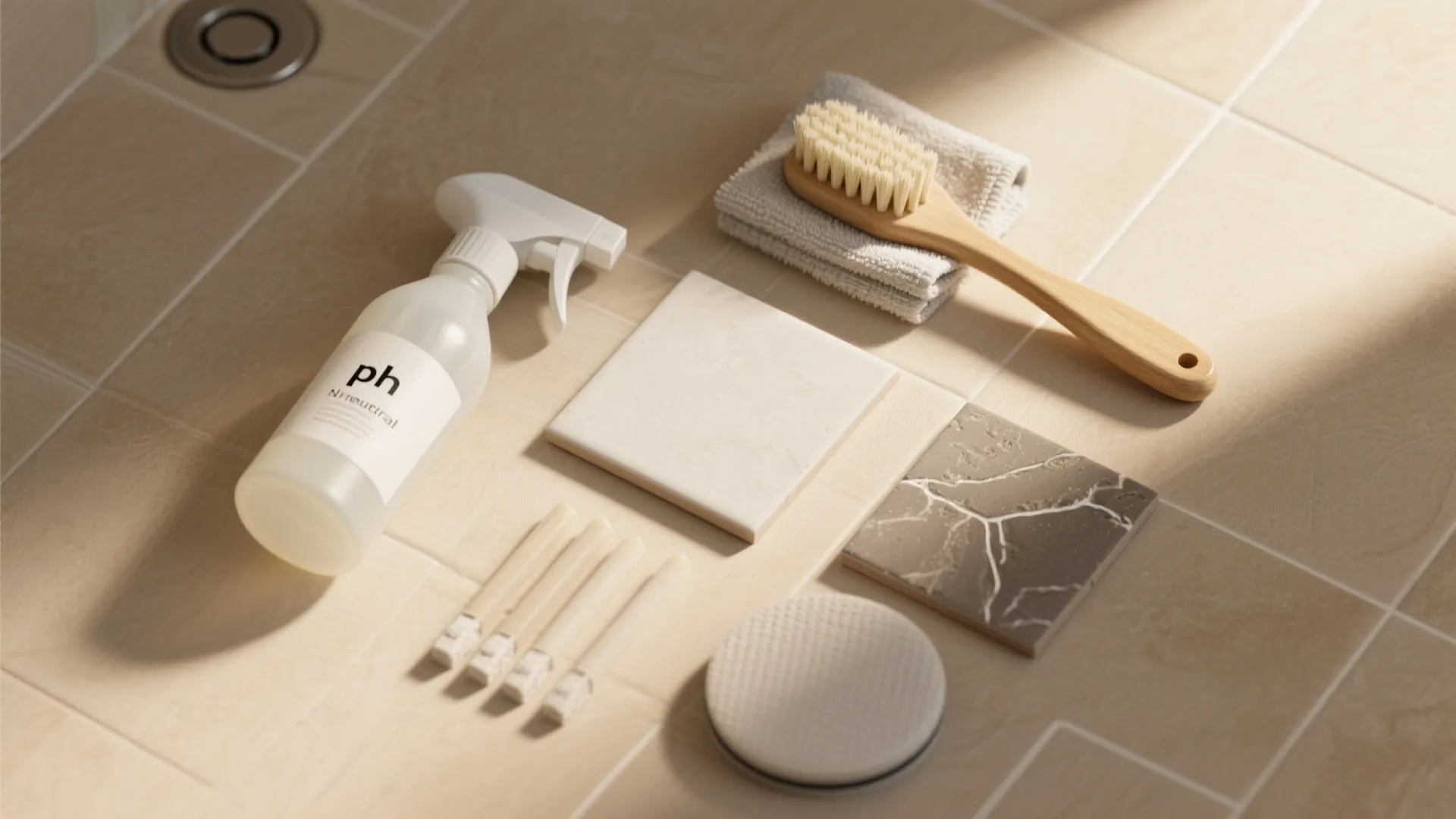 Flat lay of bathroom cleaning spray bottle brush towel and tile samples on beige floor tiles