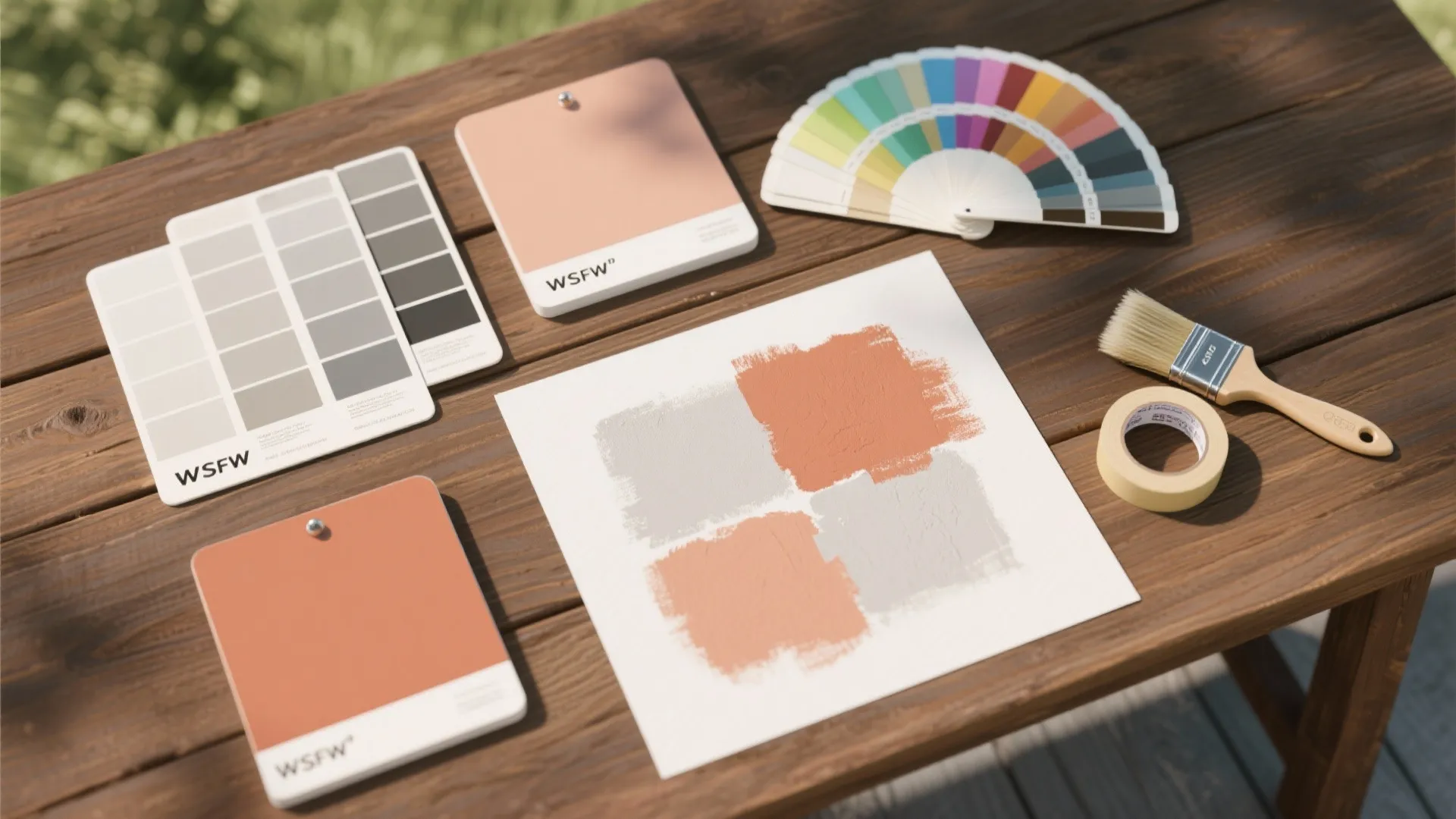 Paint swatches and color wheel with a brush on a wooden table for home renovation