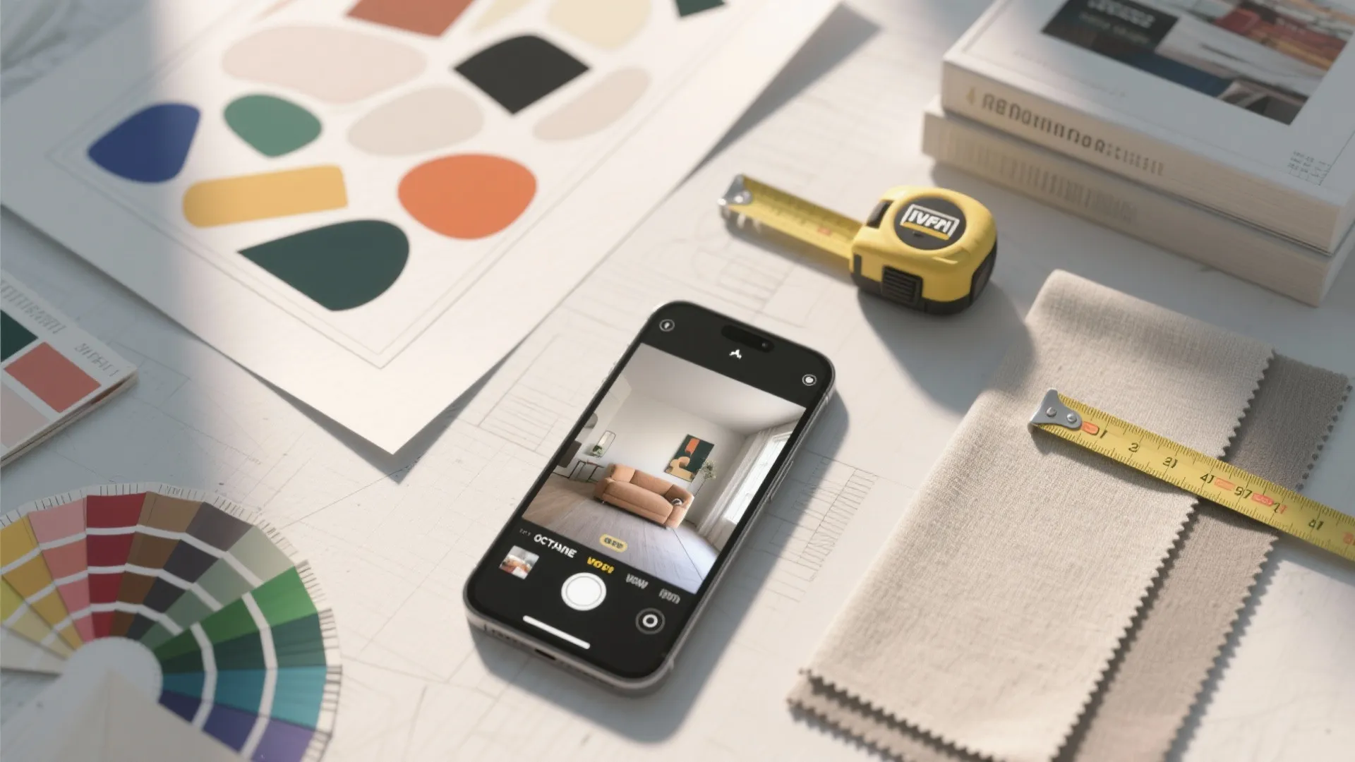 Interior design materials with phone showing room photo measuring tape color palette and fabric samples