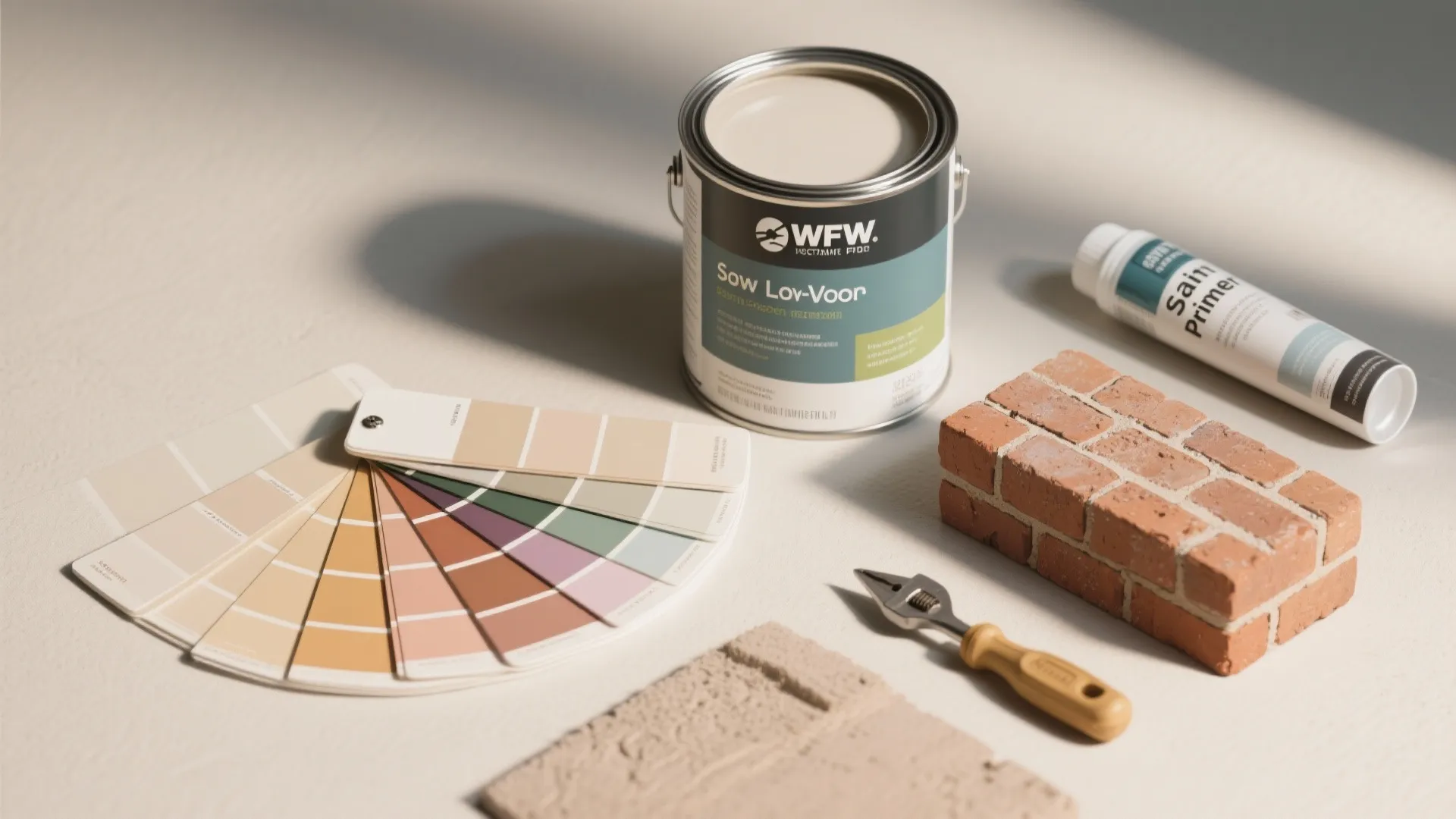 Flatlay of paint swatches, masonry primer, and sample bricks illustrating prep and finish options for painted brick.