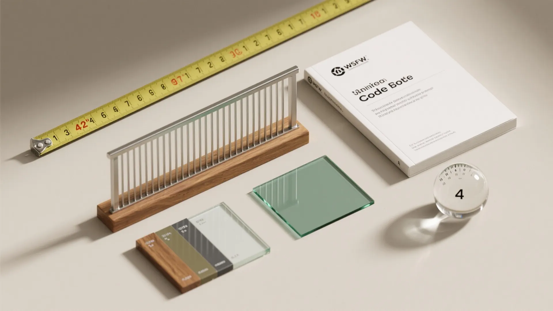 Flat lay of railing model measuring tape glass samples building code book and interior design tools