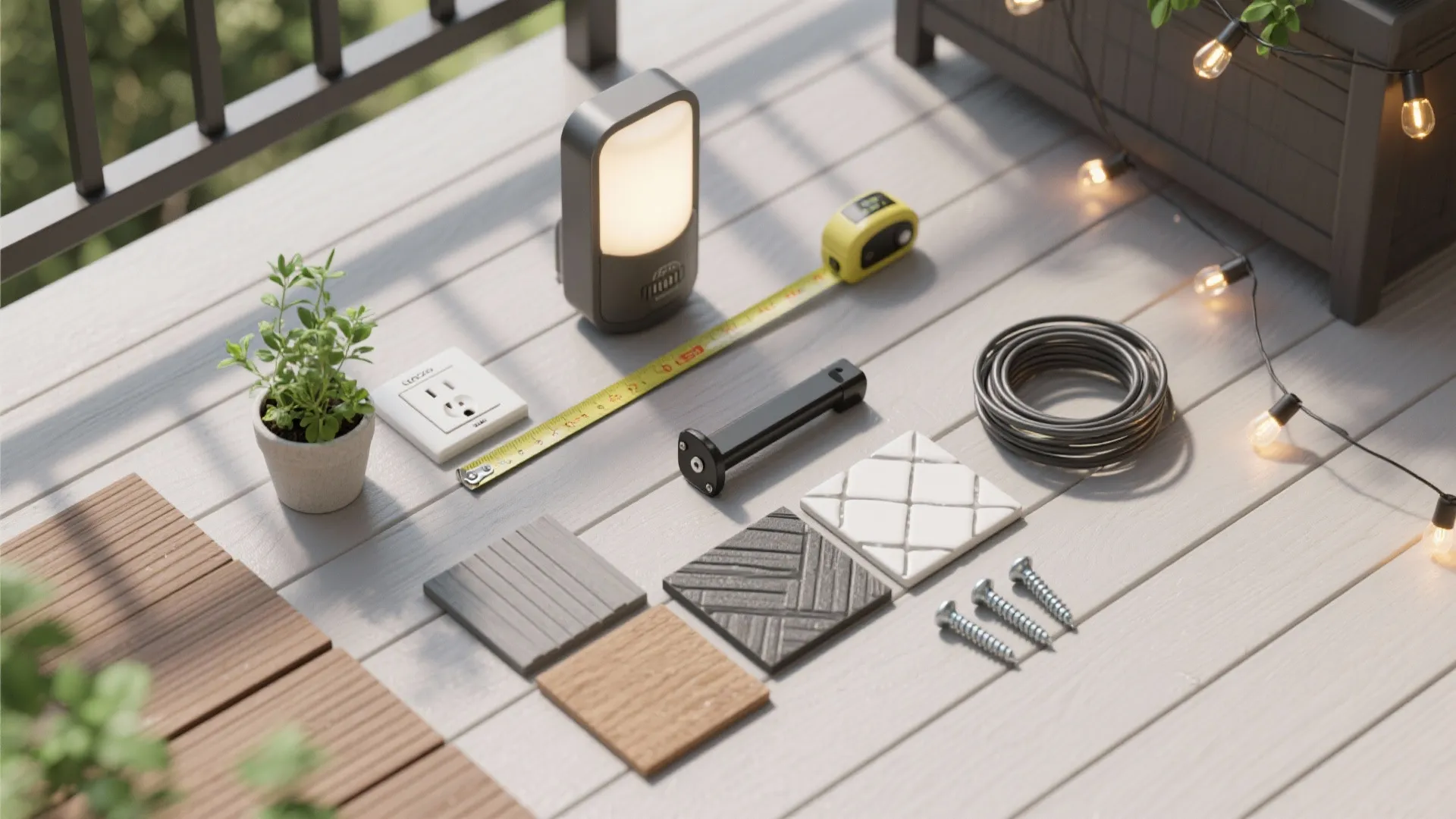 Top view of balcony building materials with tape measure light fixture tiles screws and green plant
