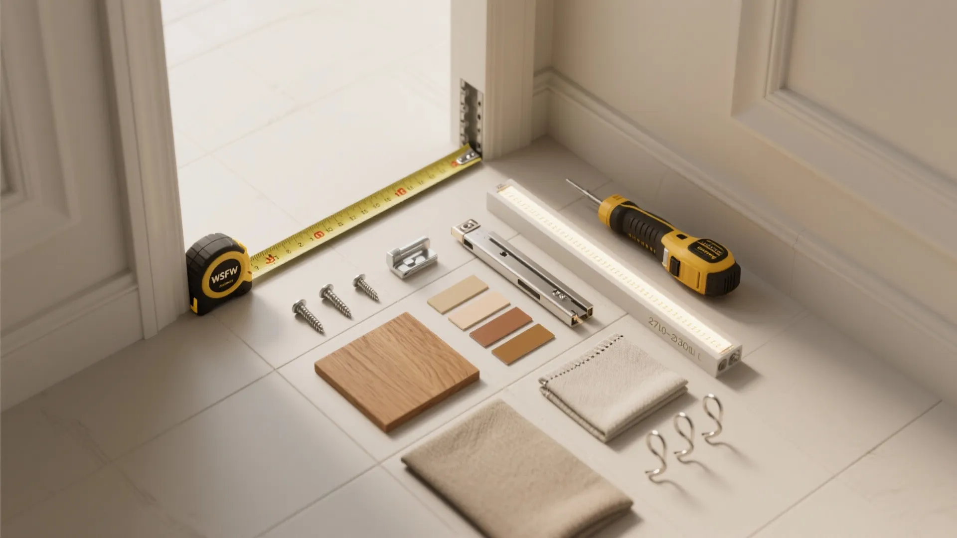 Flat lay of hallway planning tools: anchors, hinge stay, LED strip, oak sample, paint chips, pegs.
