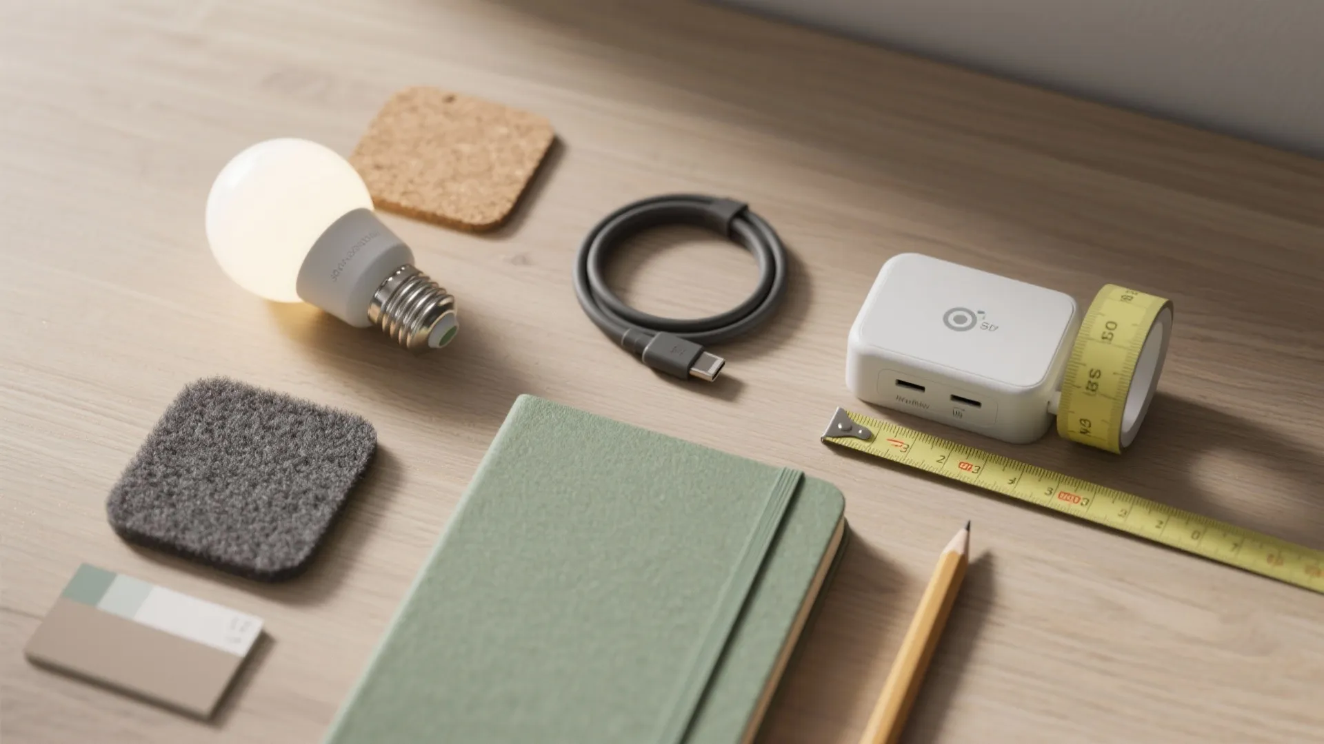 Table with light bulb and cable and notebook and measuring tape and pencil and material samples