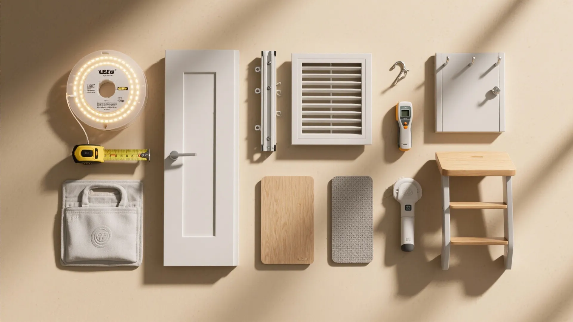 Flat lay of home renovation materials with white door wood paneling floor samples and tools