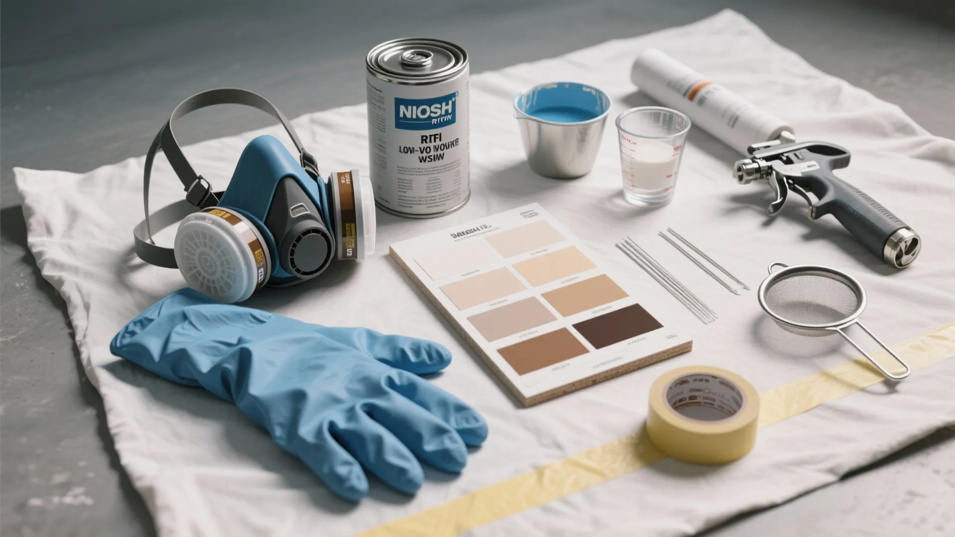 Painting supplies including gas mask gloves paint can color palette spray gun and measuring tape tools