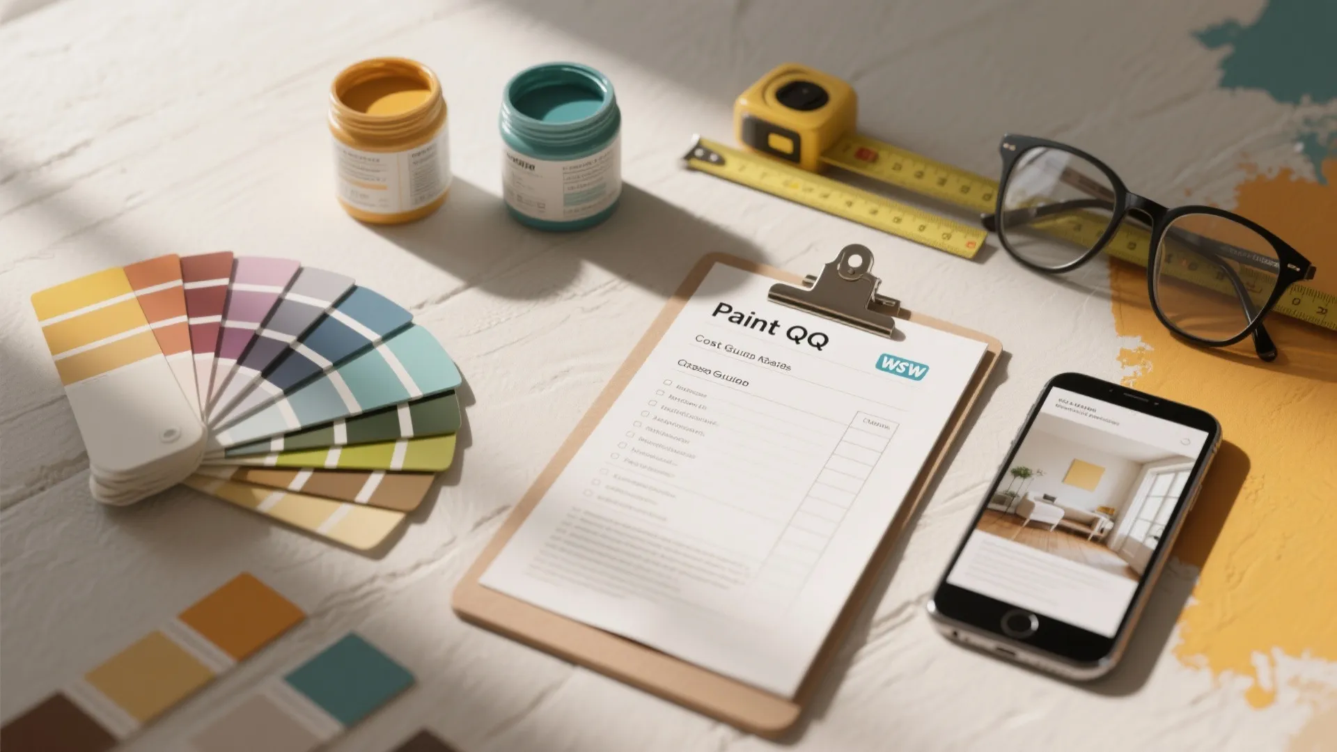 Table with paint cans color swatches measuring tape glasses smartphone and a renovation cost estimate form