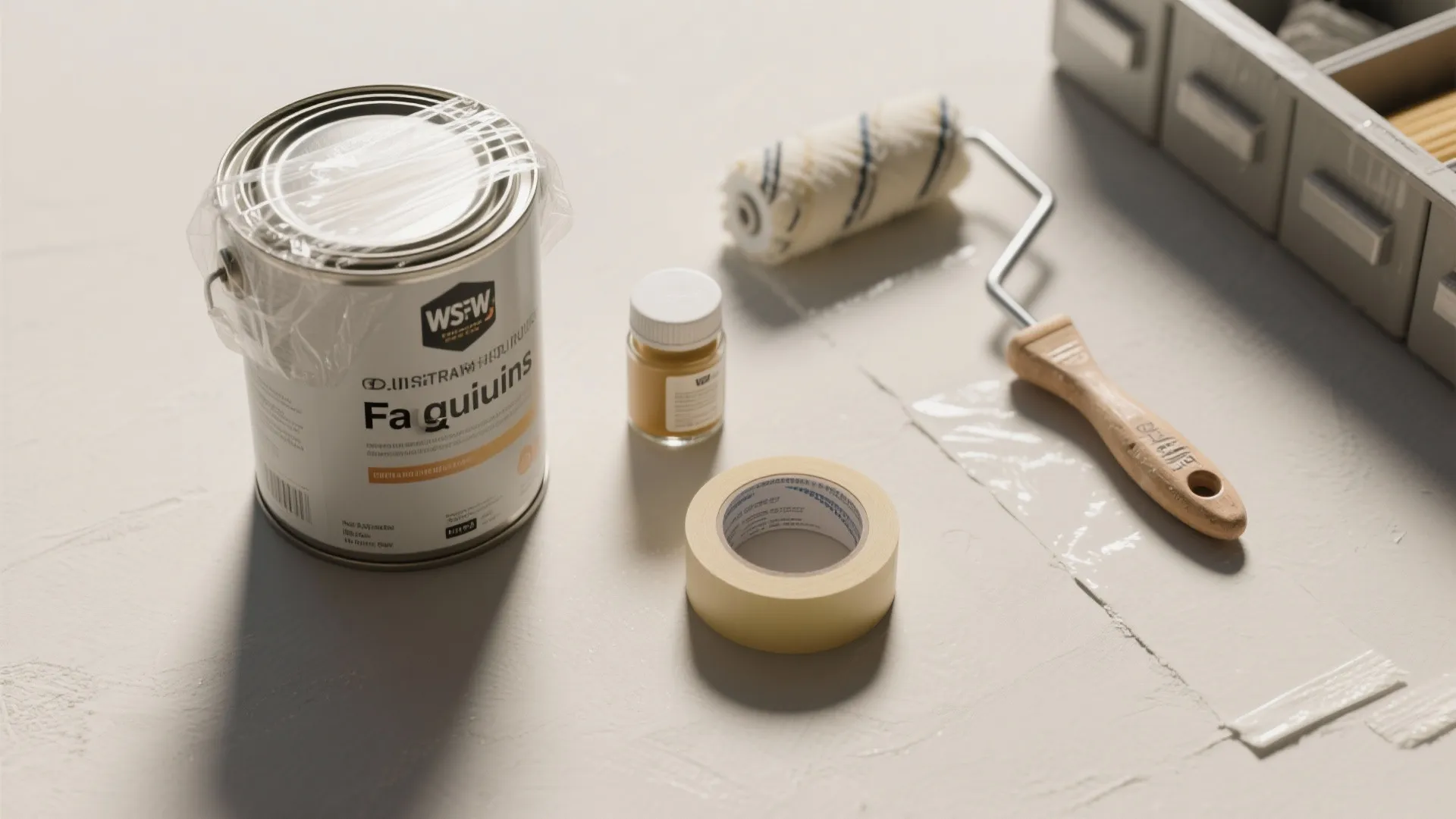 Top-down flatlay of painting essentials: sealed can, sample jar, roller, brush, tape, illustrating storage and touch-up tips.