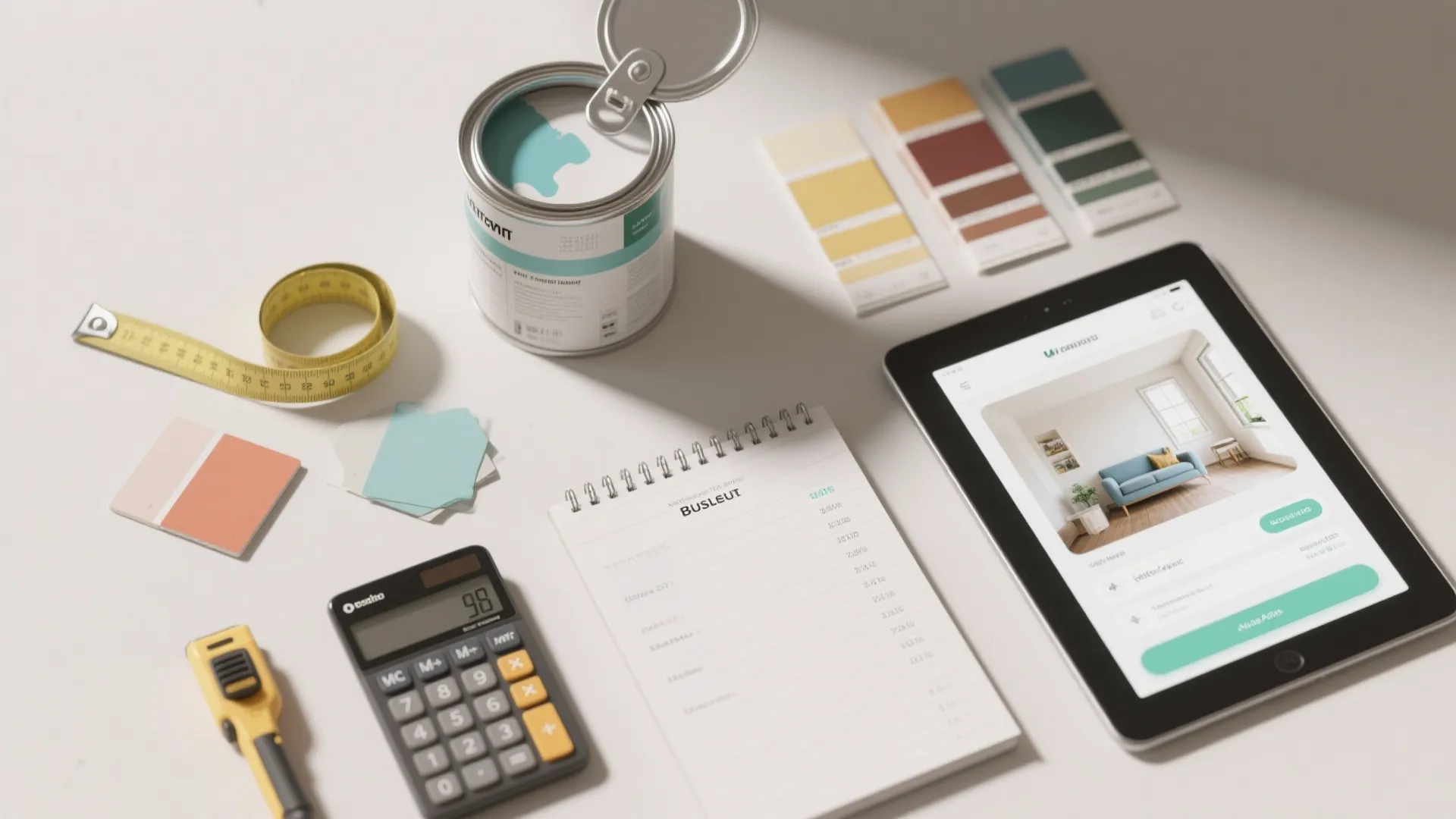 Flatlay of paint swatches, sample cans, measuring tape and a tablet for planning painting costs
