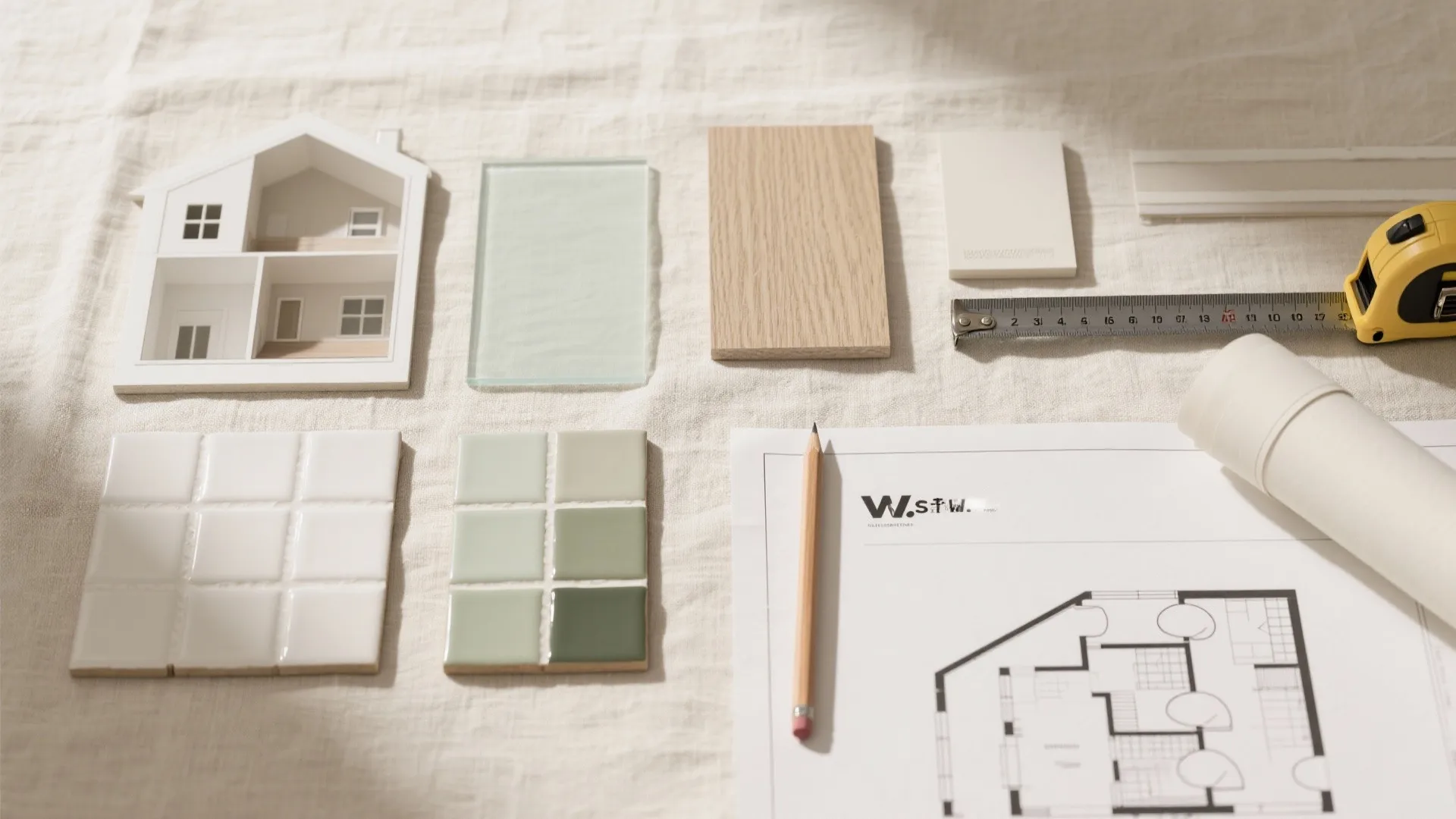 Interior design flat lay with floor plan house model color tiles wood sample and tape