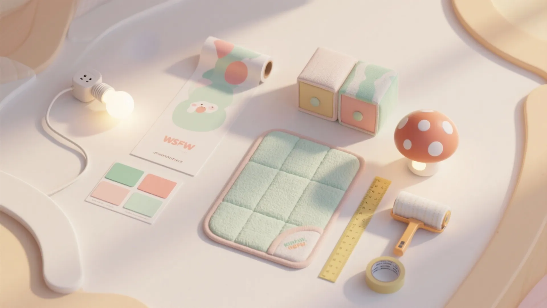 Flat lay of interior design supplies including ruler tape light bulb fabric and mushroom desk lamp