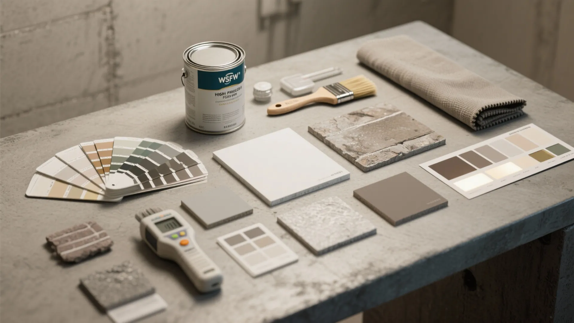 Flatlay of paint swatches, moisture meter, primer and sample panels for basement painting decisions.