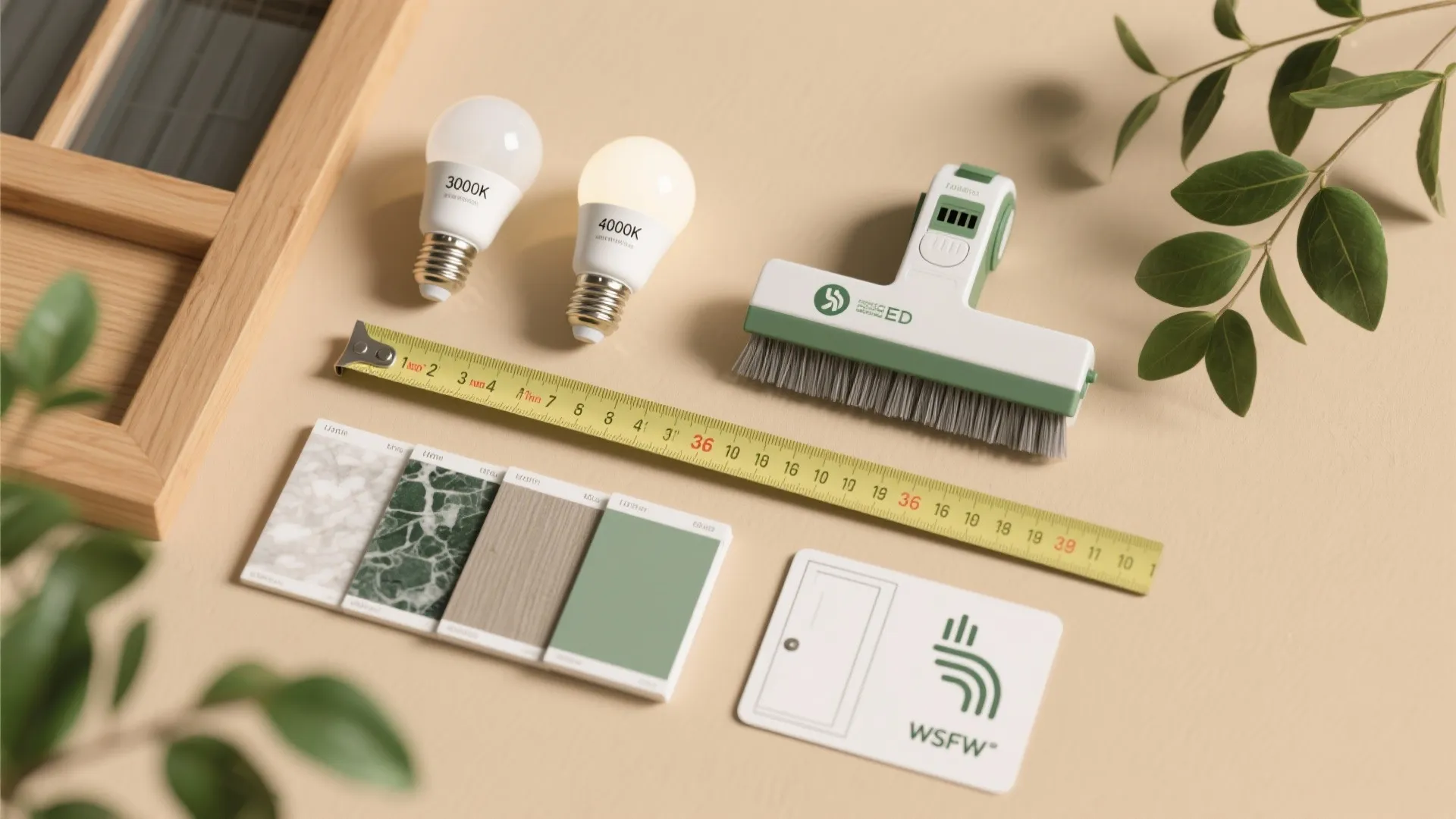 Interior design flat lay with light bulbs, yellow measuring tape, material samples and a brush