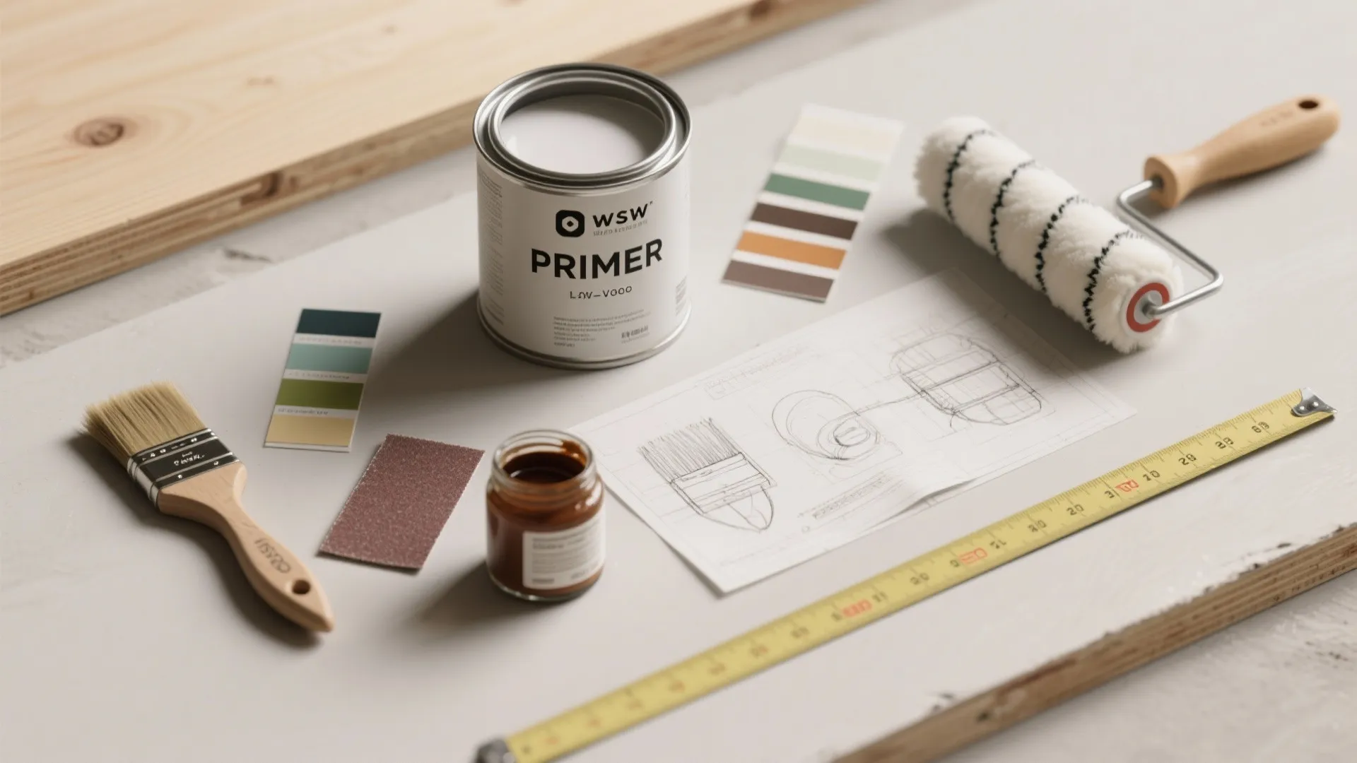 Top-down flatlay of unlabeled primer, paint swatches, brushes, stain jar and layout sketches for plywood finishes.