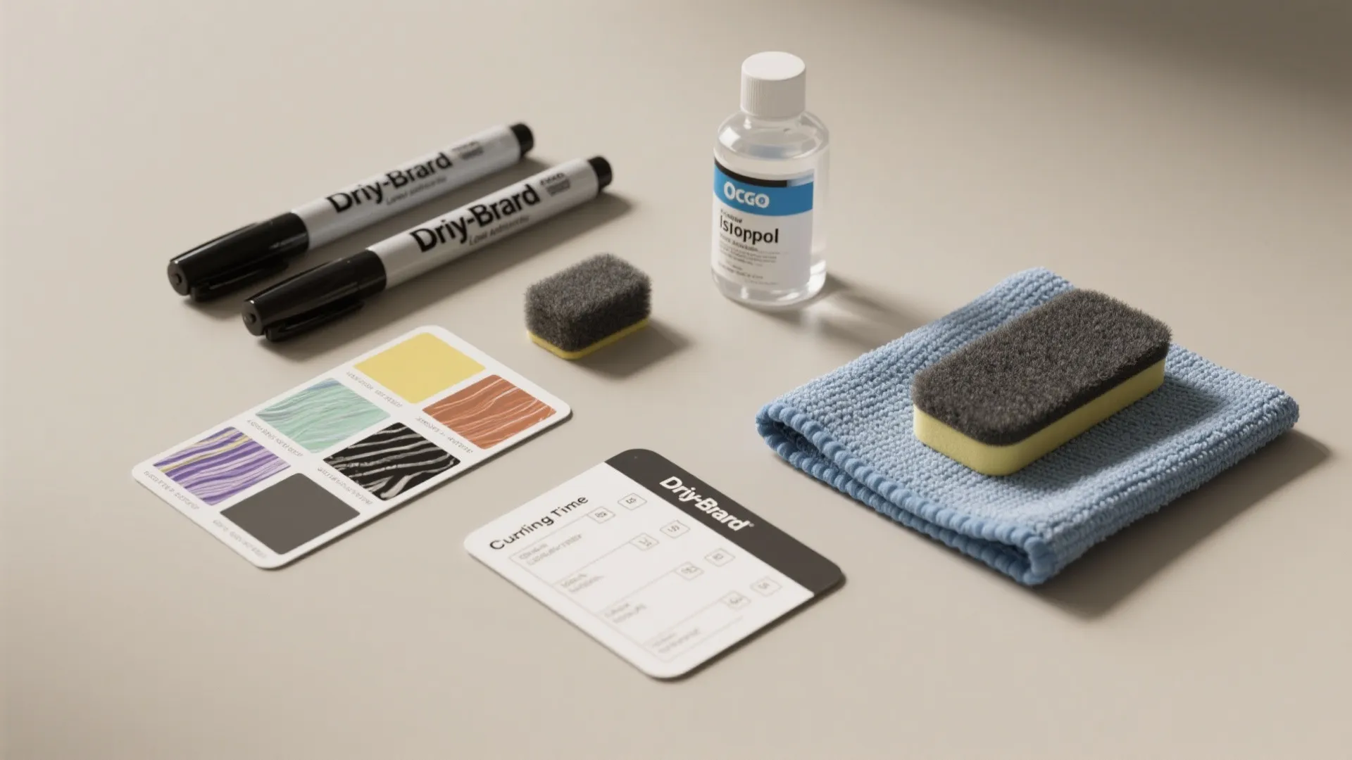 Cleaning kit for whiteboards including black markers liquid spray sponges color swatches and blue cloth