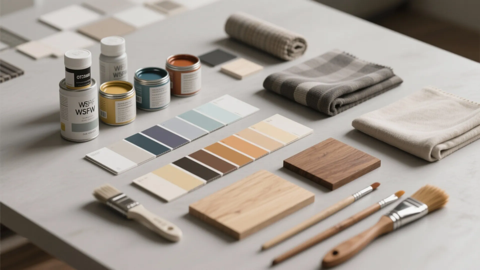 Interior design flat lay with paint cans color swatches wood samples brushes and grey fabric