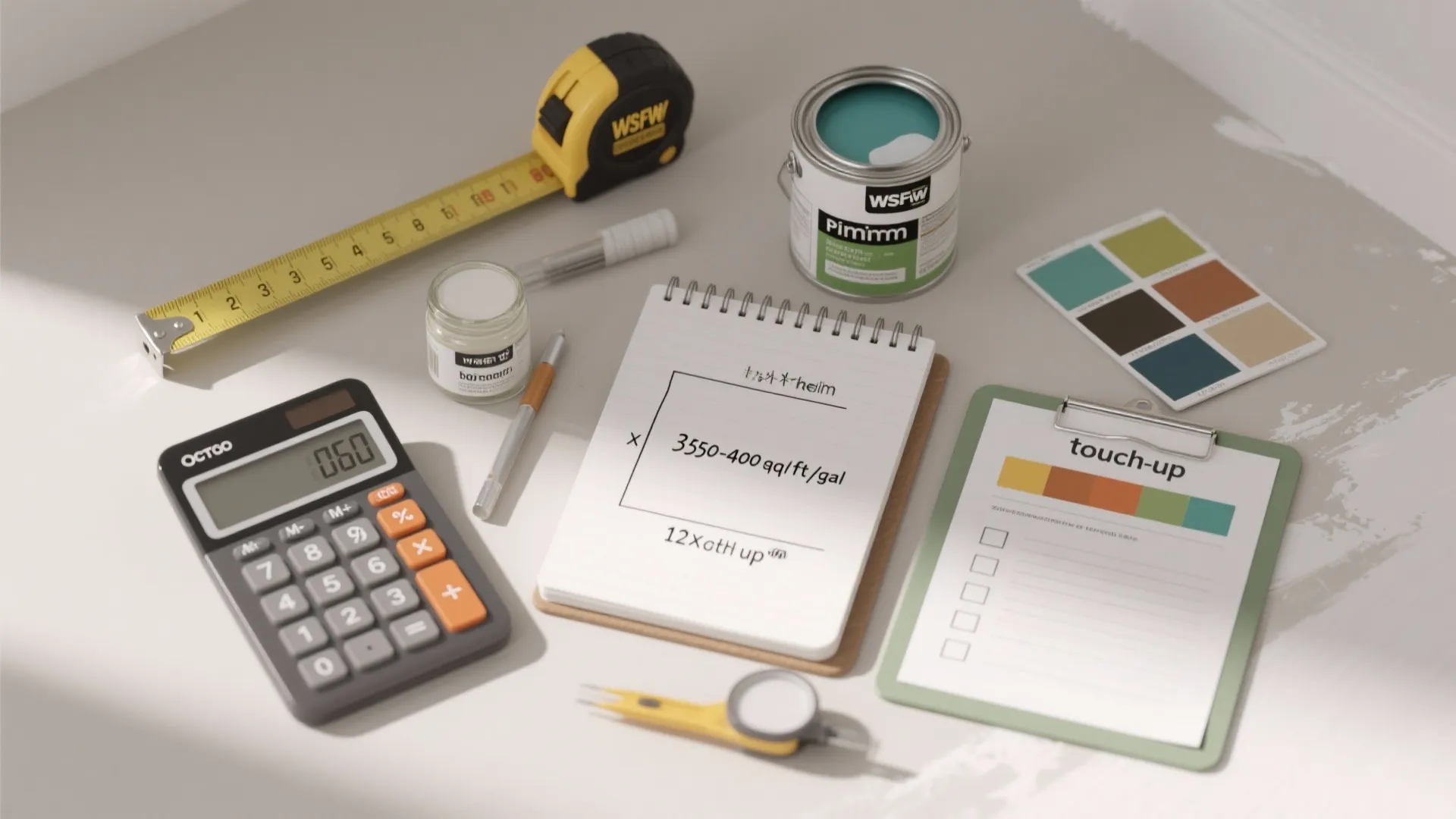 Home renovation tools with tape measure paint can calculator notebook and color swatches on table