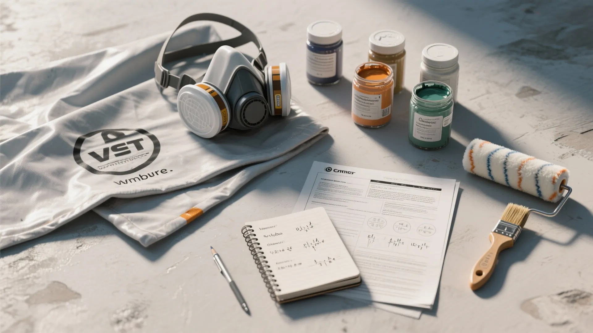 Painting equipment including a mask, paint jars, roller, brush, notebook, pen, and a grey bag
