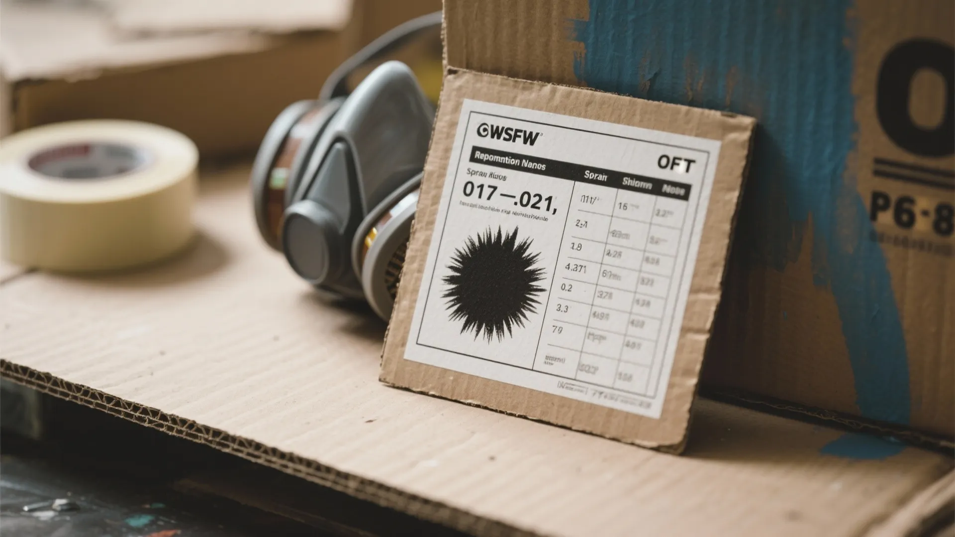 Close up view of a safety label on cardboard next to a gray face mask
