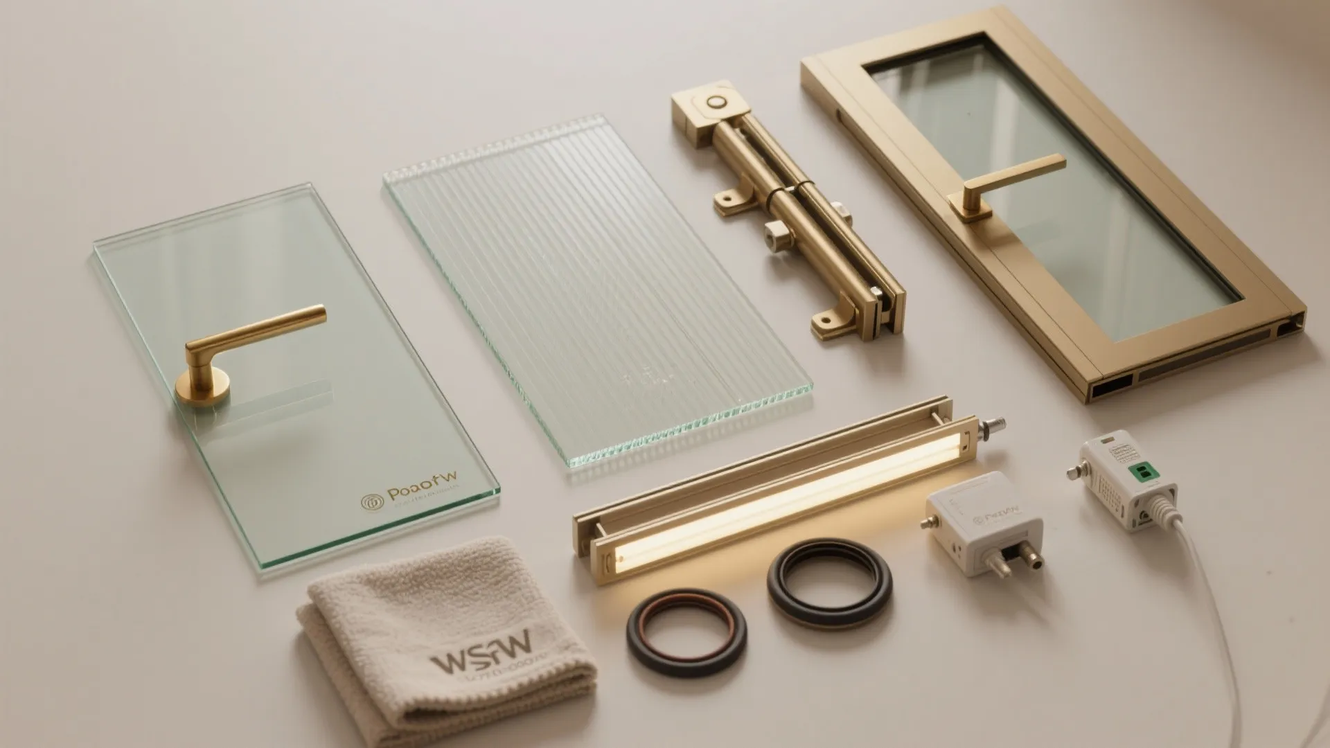 Top-down flat lay of safety glass samples, brass hardware, LED strips, and gaskets for modern pooja room doors.