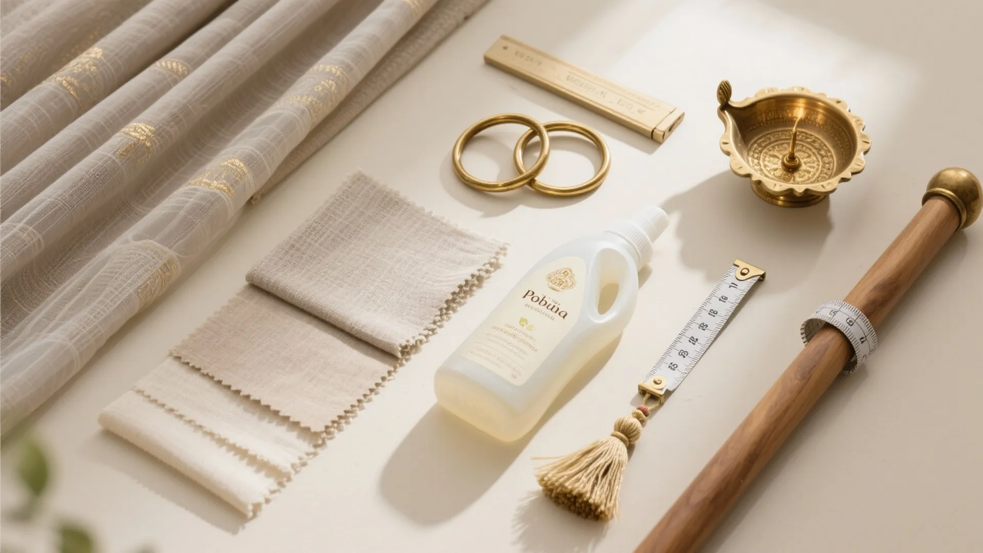 Flat lay of fabric samples liquid bottle measuring tape and golden rings on white table