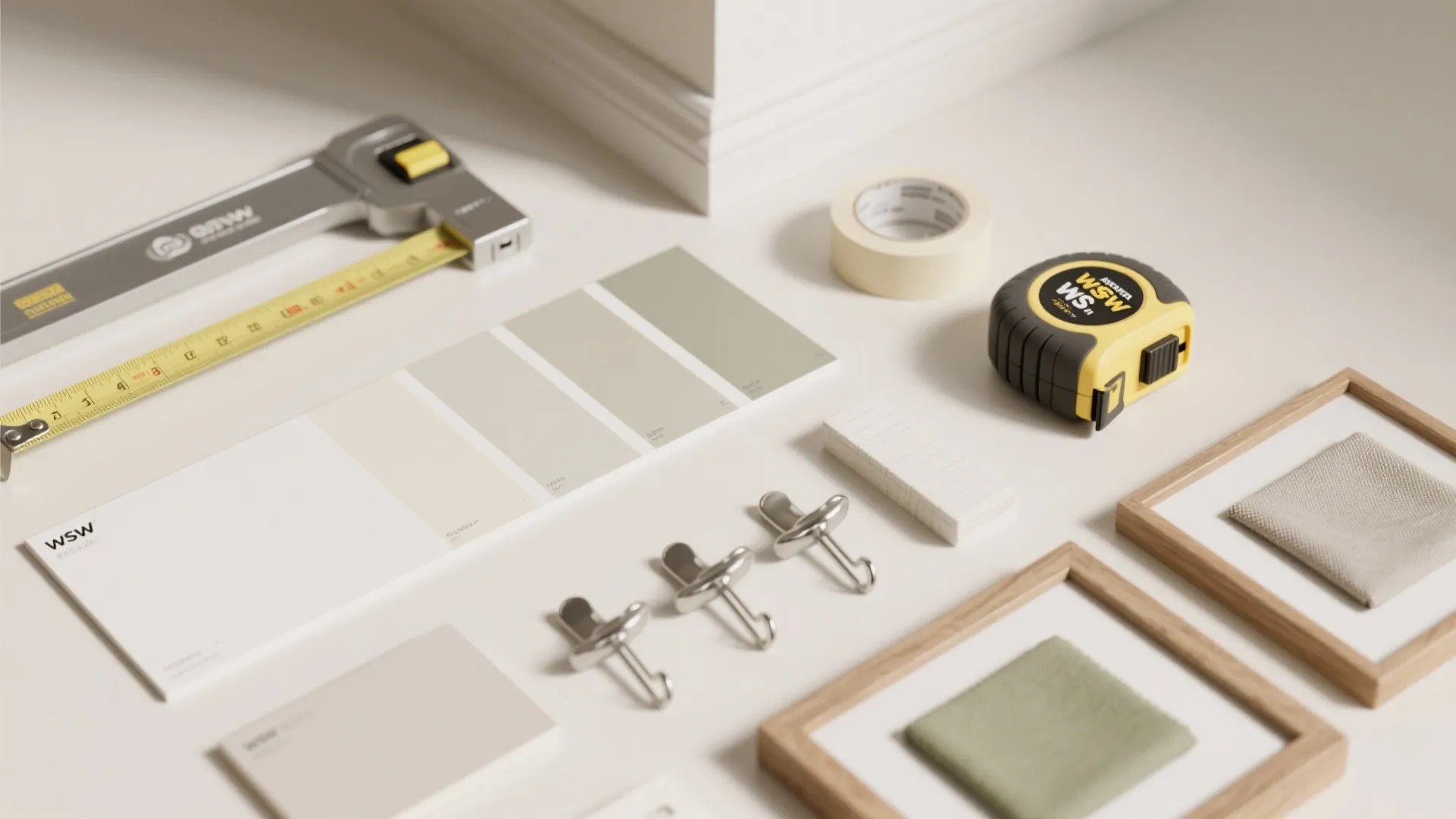 Interior design tools including measuring tape color swatches metal hooks and fabric samples on white surface