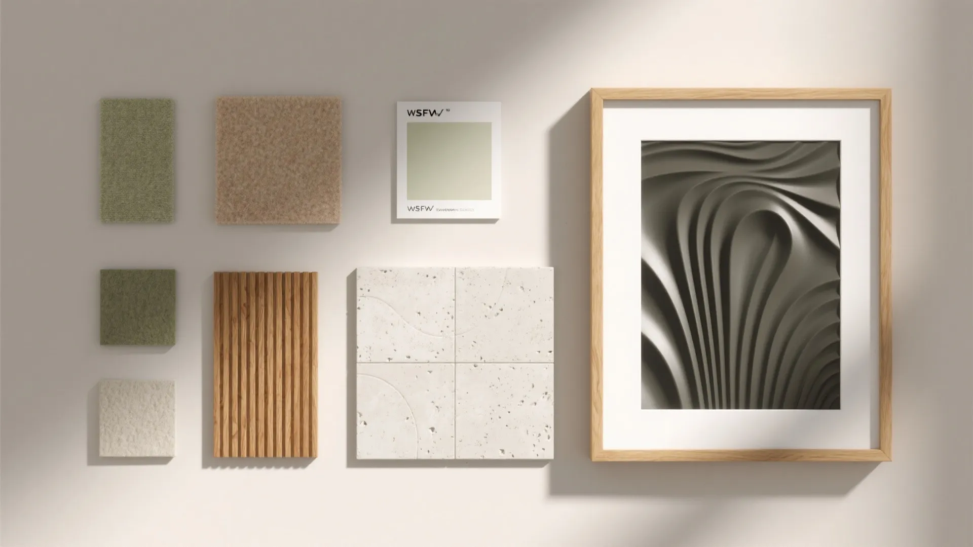 Top-down flat lay of wall kit samples including mural vinyl, oak slat with felt, limewash card, microcement tile, 3D panel, and frame corner.