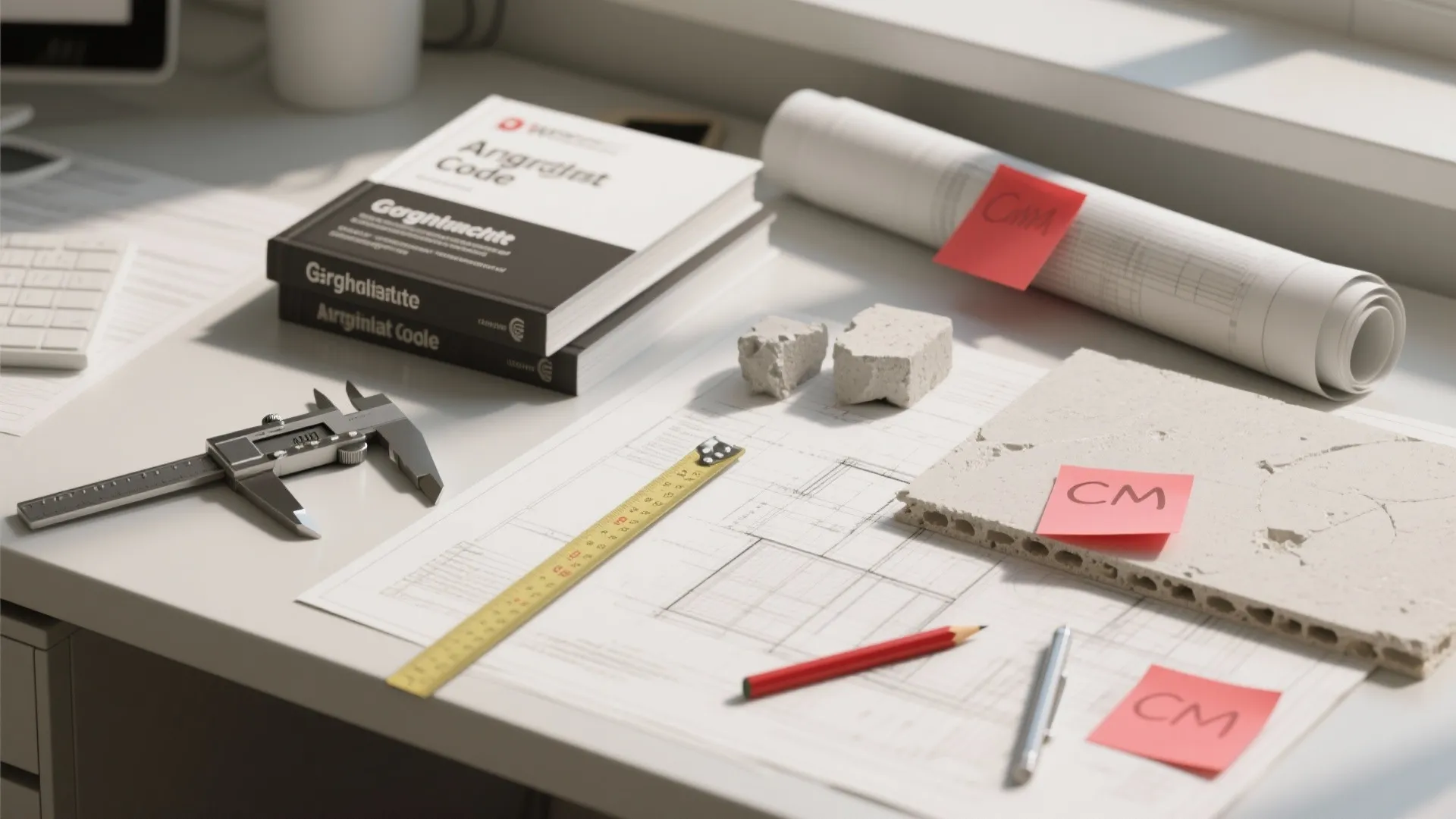 Work desk with floor plan drawing books ruler pencil stone samples and a rolled paper