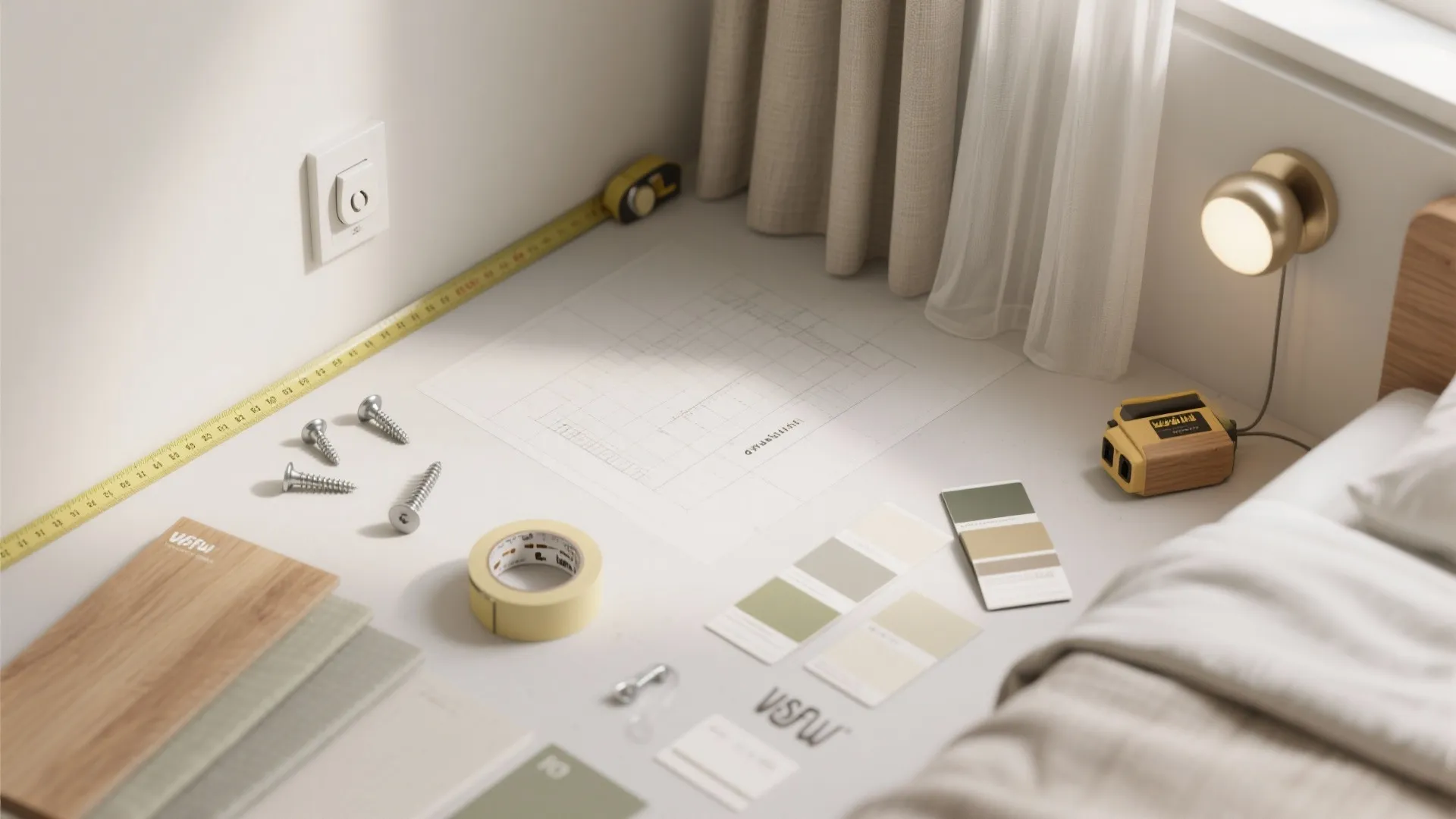 Flat lay of fabric swatches, wood and paint samples, tape measure, anchors, and a dimmer switch.