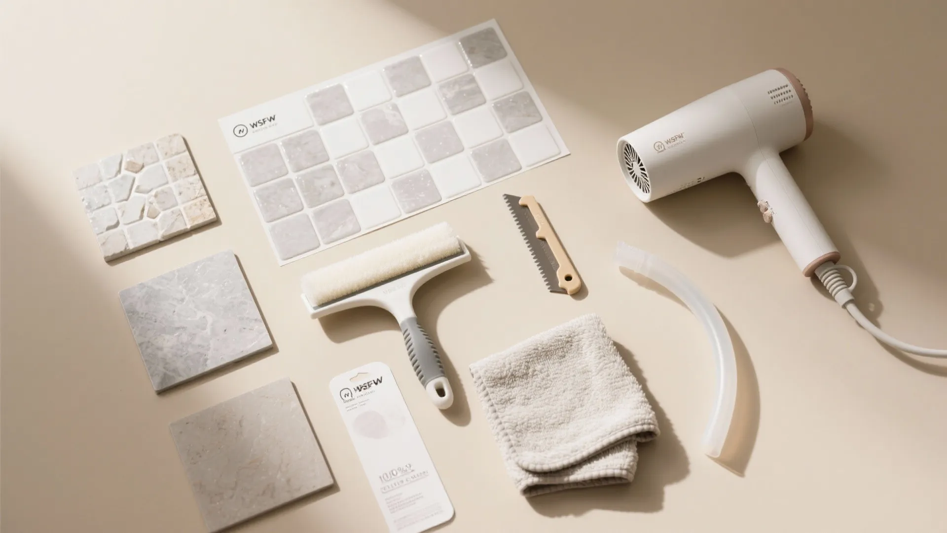 Flat lay of tile sticker samples, squeegee, blade, silicone, hairdryer, and cloth for bathroom installations.