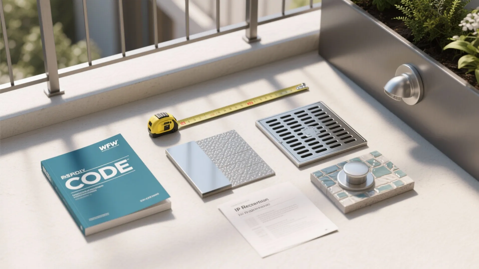 Top view of balcony building materials including floor tiles, drain cover, measuring tape, and book