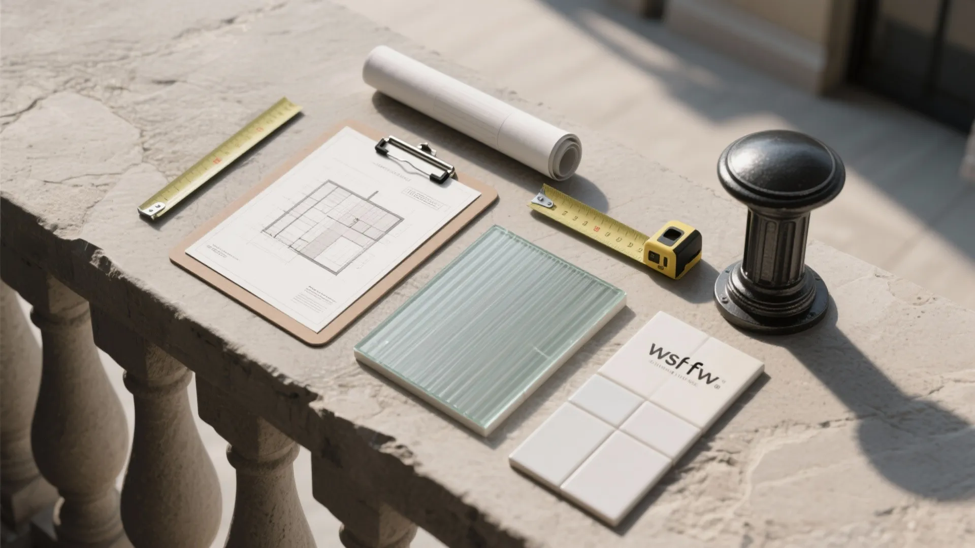 Interior design materials including floor plan drawing ruler tape measure tile samples and glass on stone
