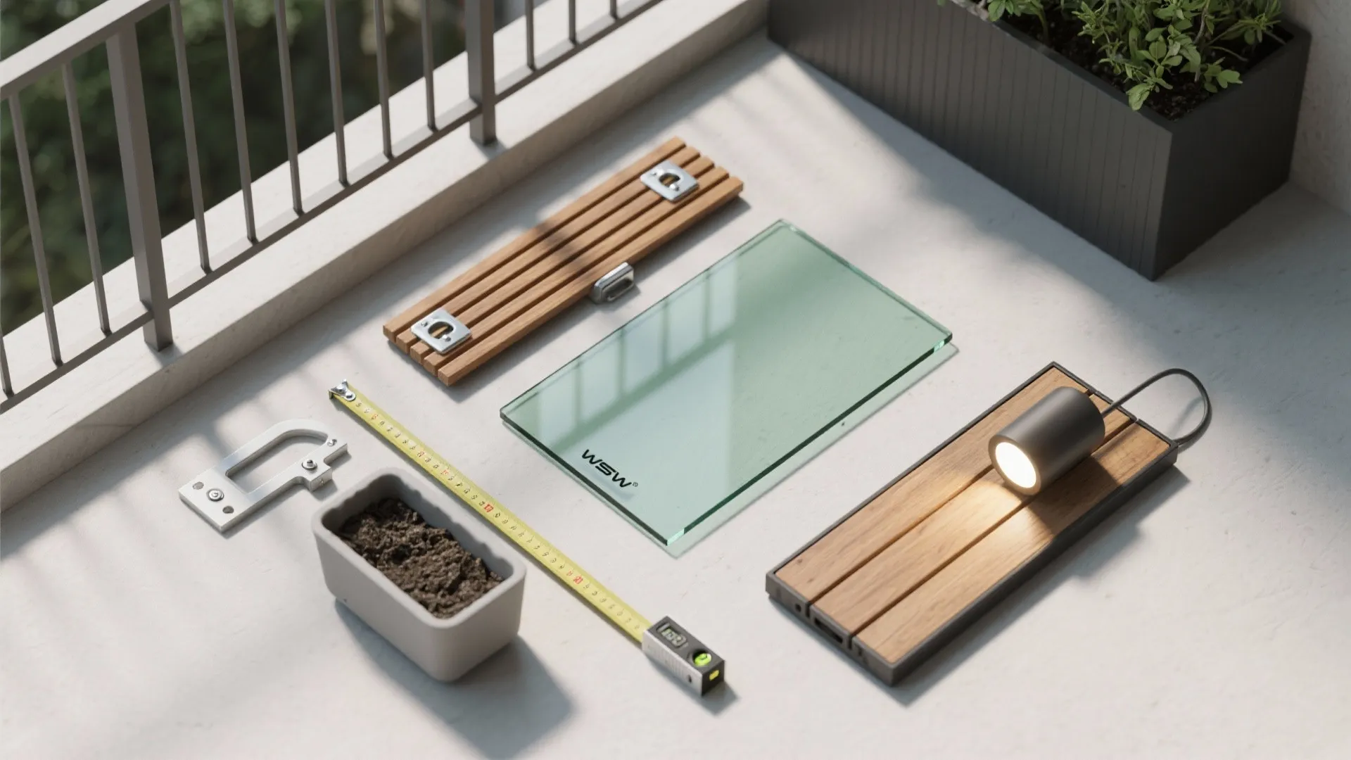 Flat lay of balcony renovation materials including glass panel wood tiles measuring tape and light fixture