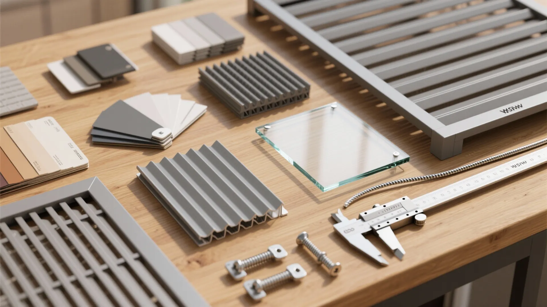 Interior design materials on wooden desk including color samples metal parts glass and measuring tools