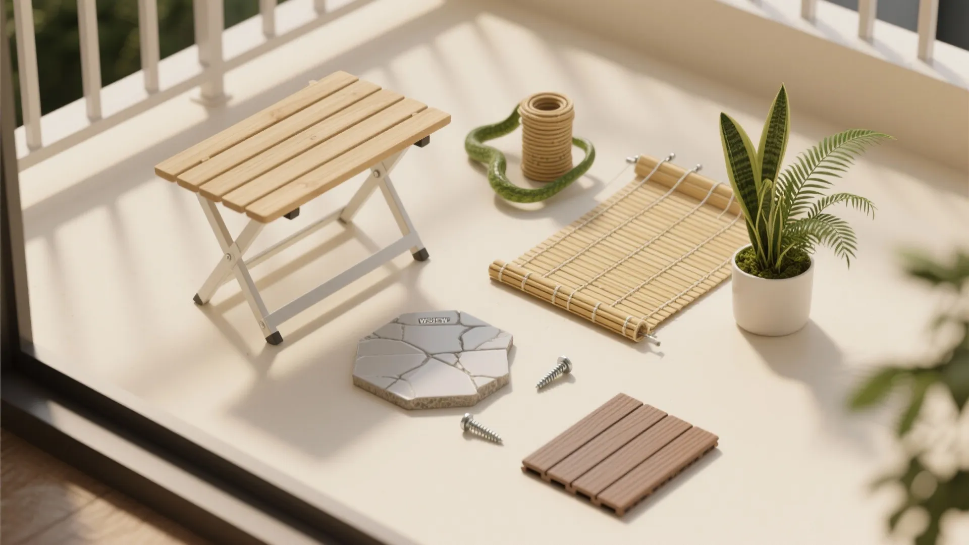 Flat lay of bamboo shade, folding bracket, retractable clothesline, plant cuttings, anti-slip tile, and stainless screws.