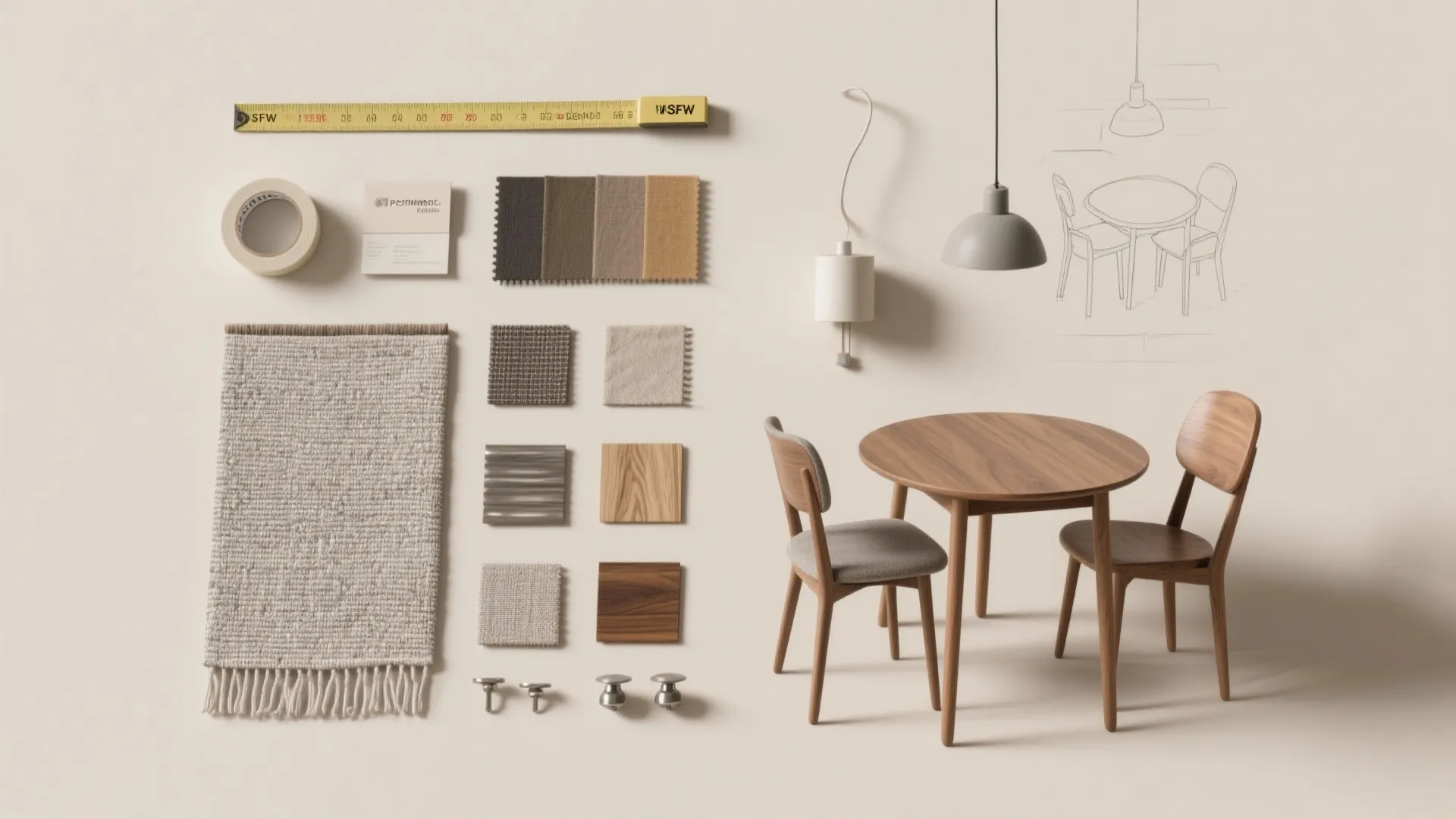 Material board with fabric swatches wood samples rug round table and two wooden side chairs