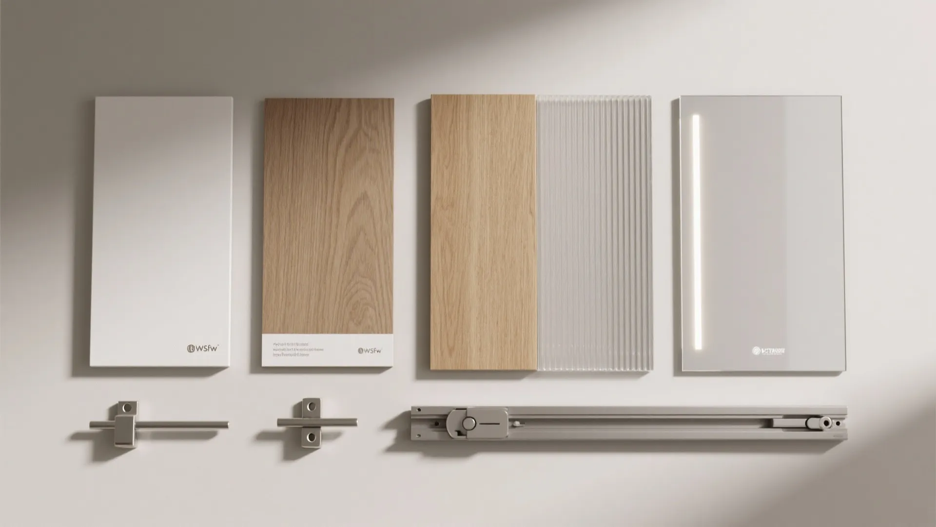 Flat lay of matte off-white laminate, oak veneer, ribbed panel, mirror sample, LED strip, and soft-close hardware.