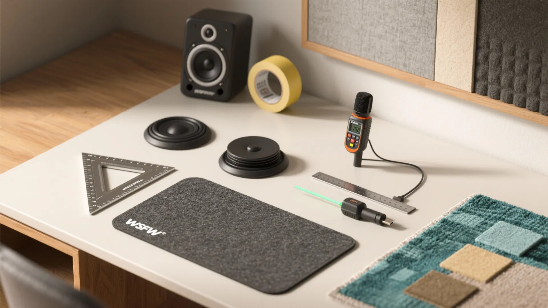 Flat lay of tools for small-room speaker setup: tape, isolators, mic, mat, laser meter, and panel samples.