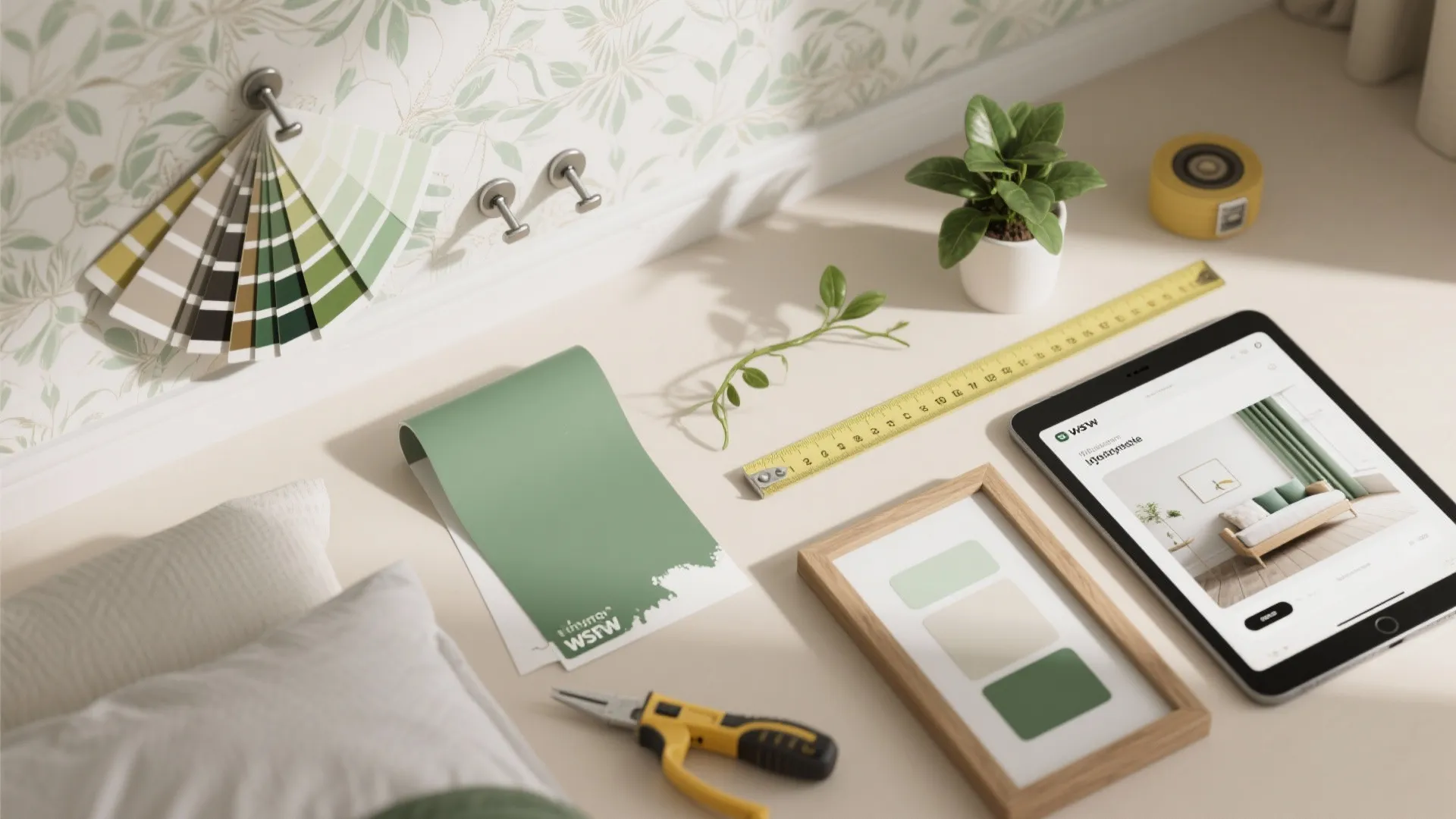 Interior design work desk with tablet showing home layout alongside color samples and measuring tools