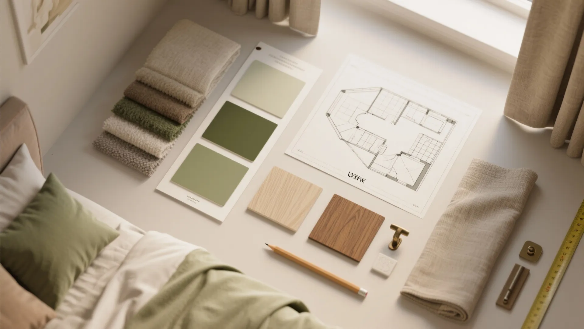 Top-down mood board flatlay with fabric swatches, paint chips and a small floorplan for small bedroom planning.