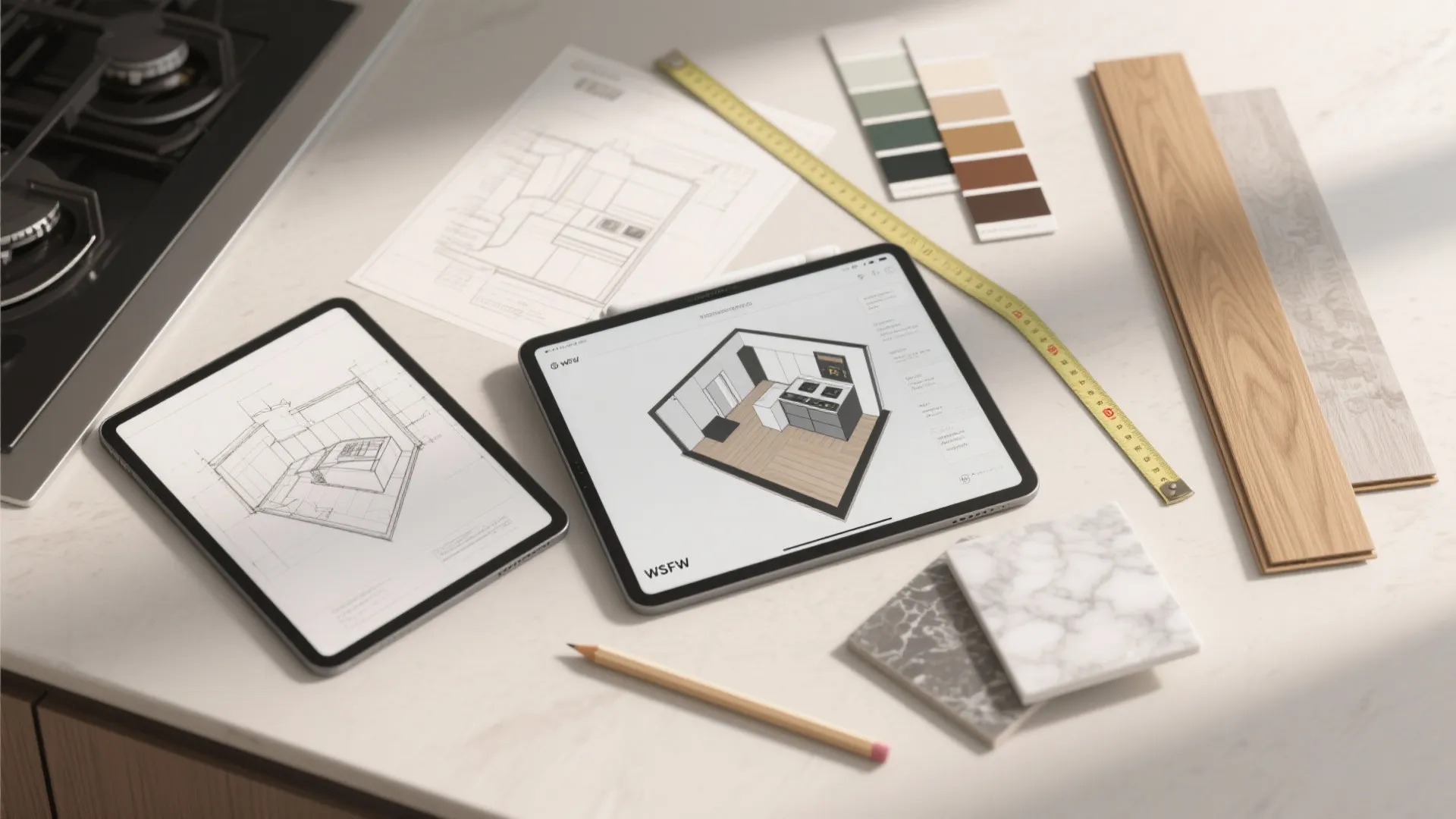 Flatlay of planning tools and material samples for designing a narrow galley kitchen.