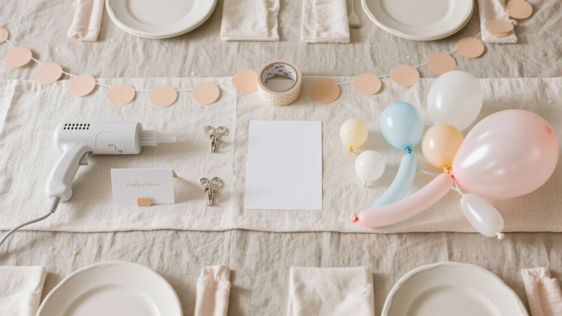 Table top view showing party decoration tools with glue gun balloons tape and white paper