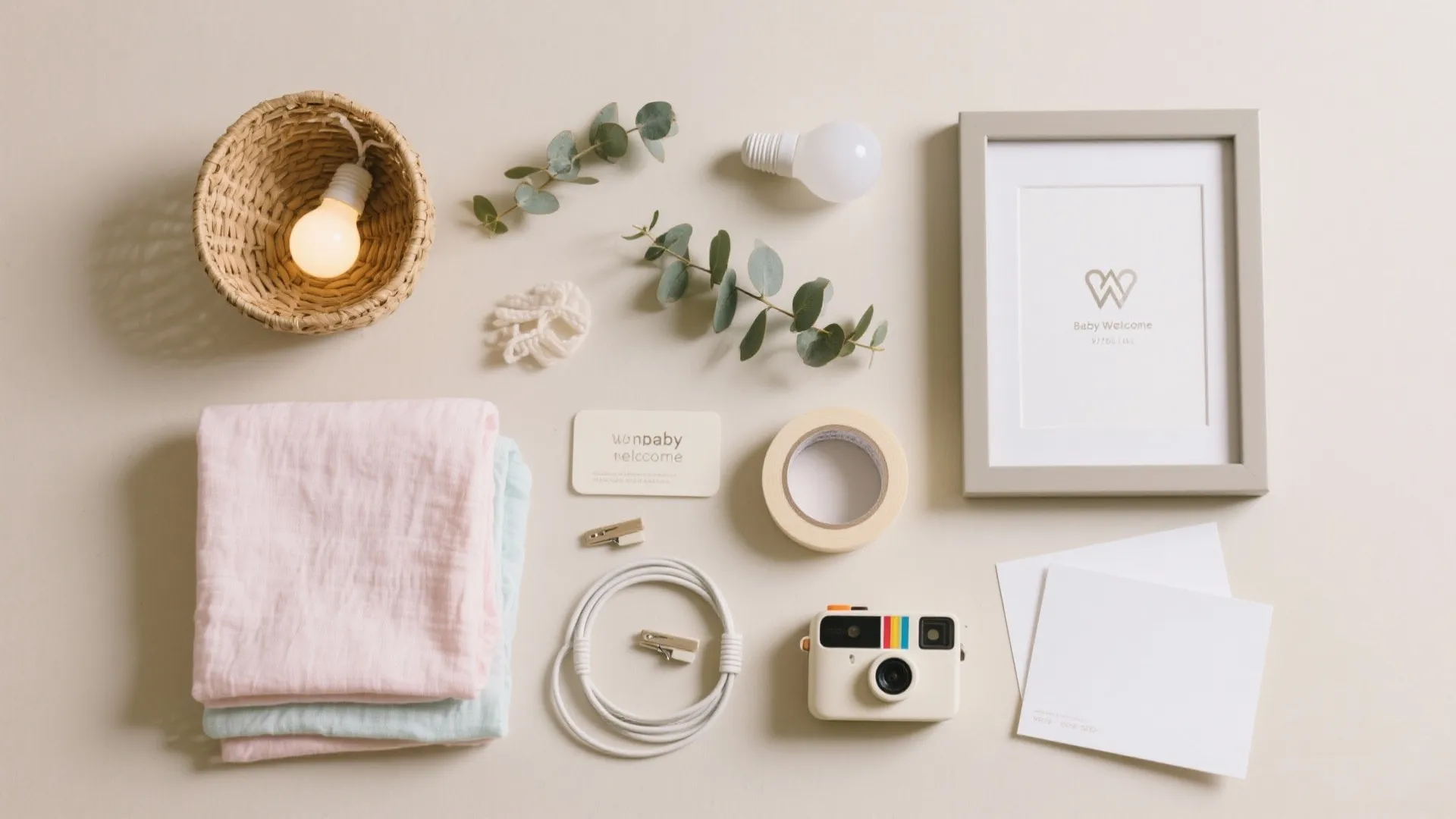 Top-down flatlay of baby welcome essentials: linens, frames, basket, LED bulbs, eucalyptus, adhesives, clips, and a camera.