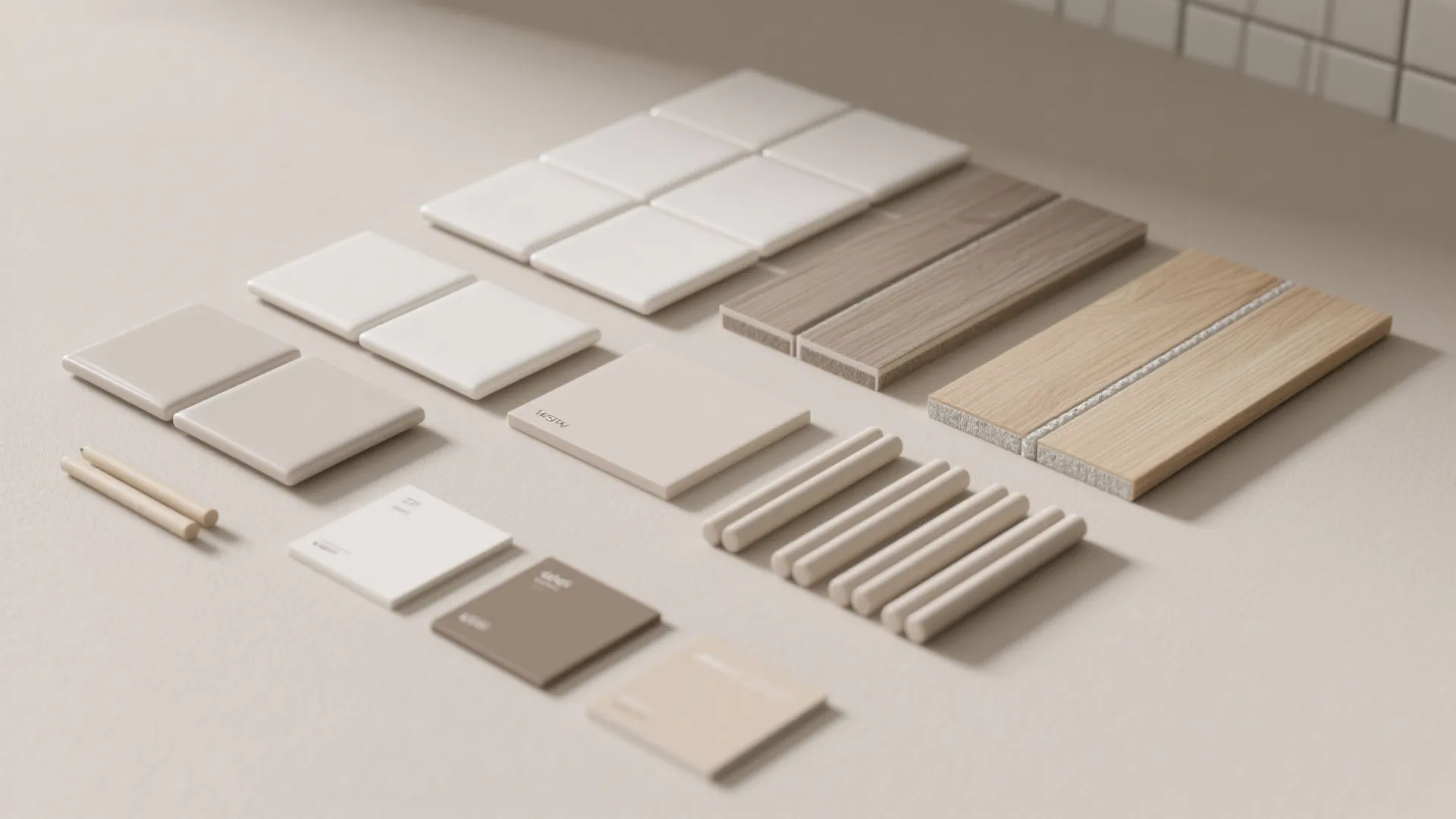 Top-down flatlay of tile samples: glossy, matte, wood-look planks, grout swatches and neutral color chips on a clean surface.