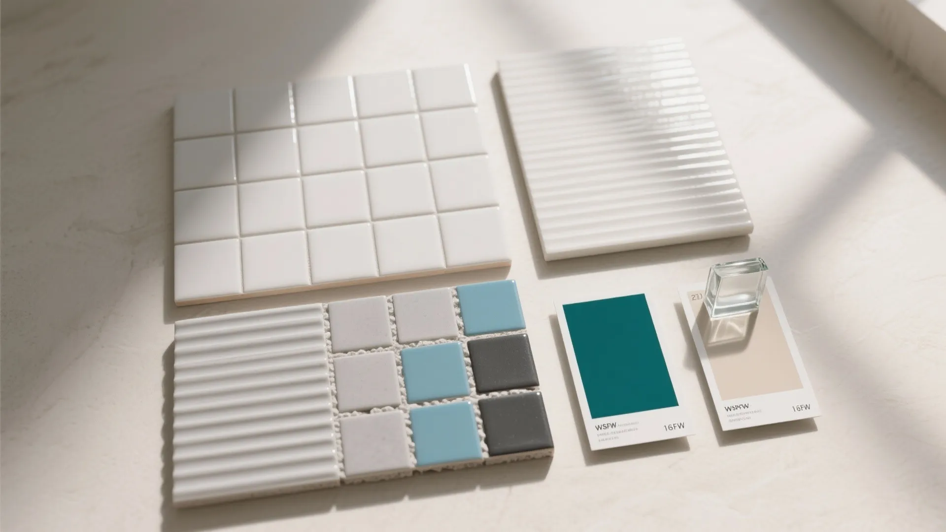 Interior design material board with white tiles blue mosaic squares and teal green paint color samples
